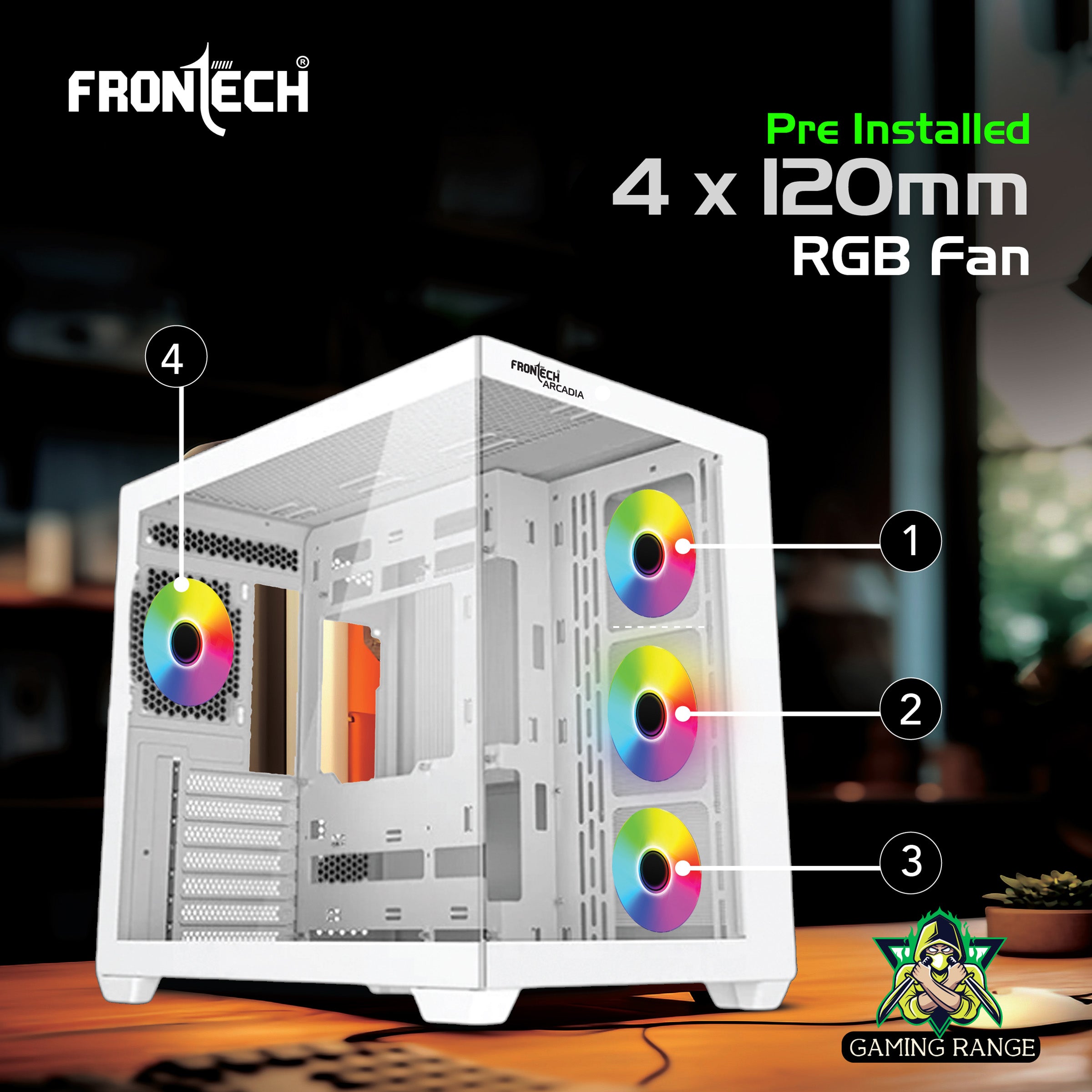 Frontech ARCADIA FT-4381 White Gaming Computer Case with ARGB & Tempered Glass