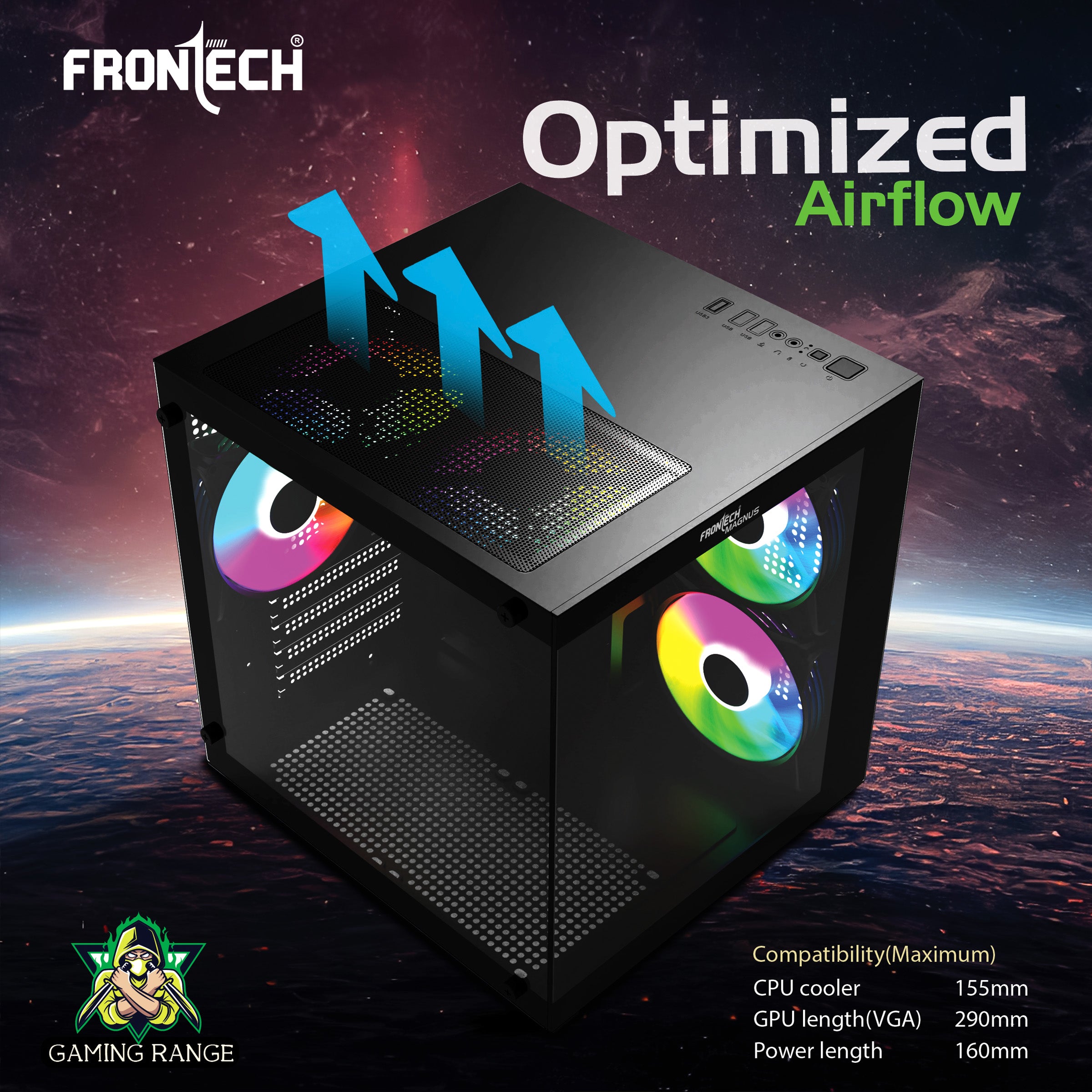 Frontech Nebula Gaming PC Case – 5× 120 mm ARGB Fans, Dual Tempered Glass Panels, Washable Dust Filters, USB 3.0 I/O, Micro-ATX & Mini-ITX Compatible
