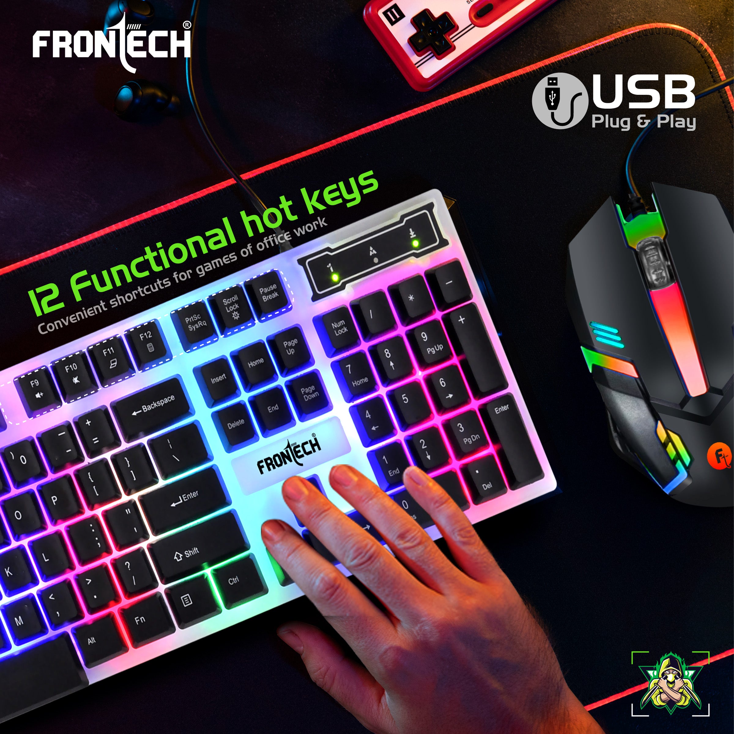 Frontech KB-0040P Wired Gaming Keyboard and Optical Mouse | RGB Backlight | 105 Keys Combo Set (White & Black)