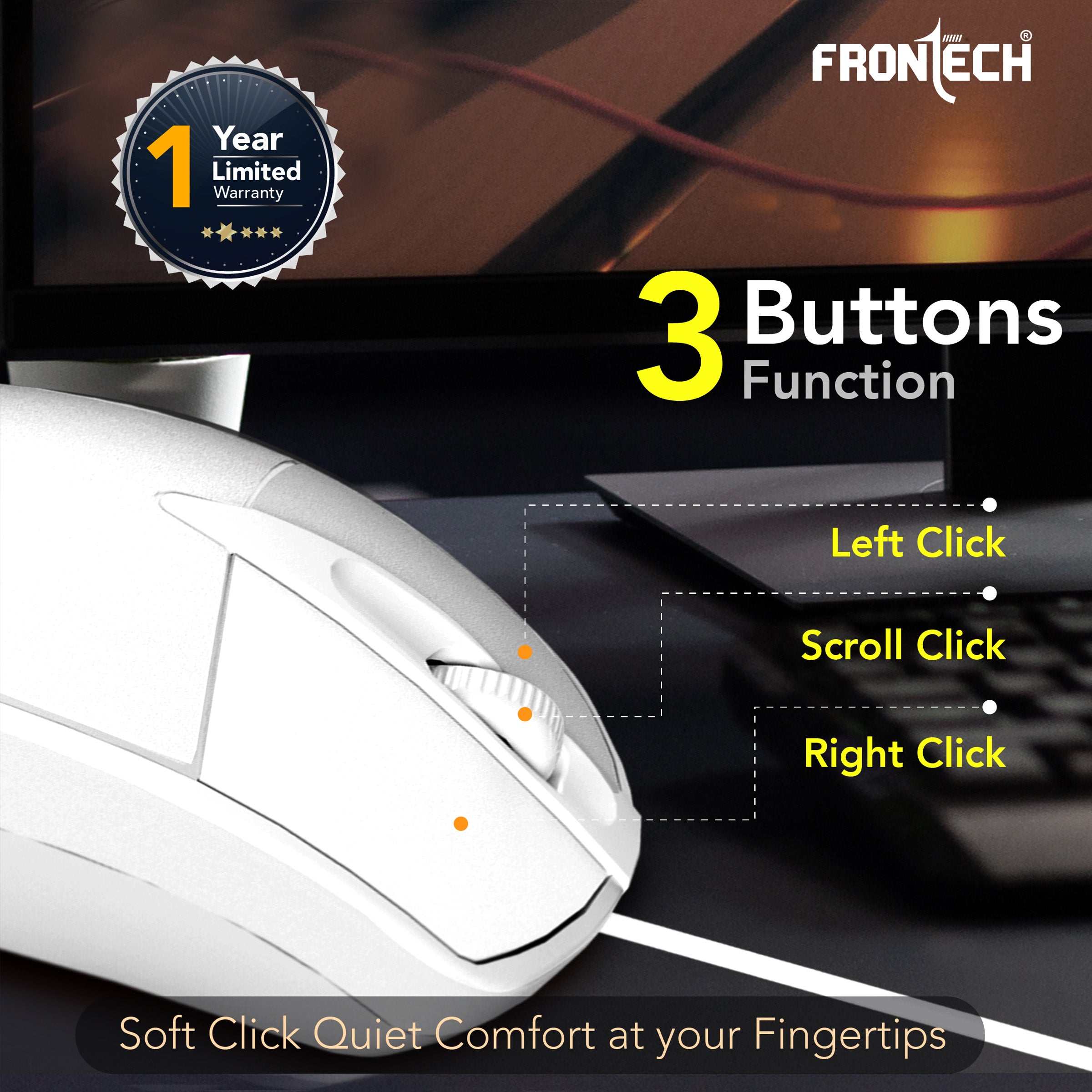 FRONTECH Precision Pro – Ultra-Quiet Ergonomic Optical USB Mouse with Smooth Scroll Wheel (MS-0047W)