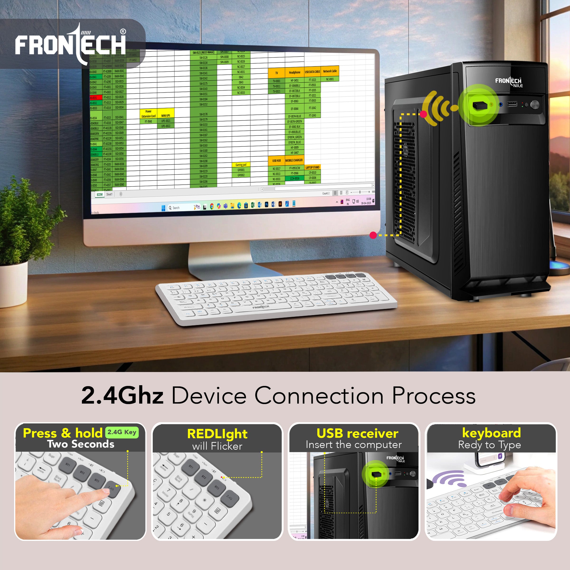 Frontech wireless keyboard & mouse combo | 2.4 Ghz |Transmission with built-in rechargeable battery |Multi-Device connection ( FT-1602A )