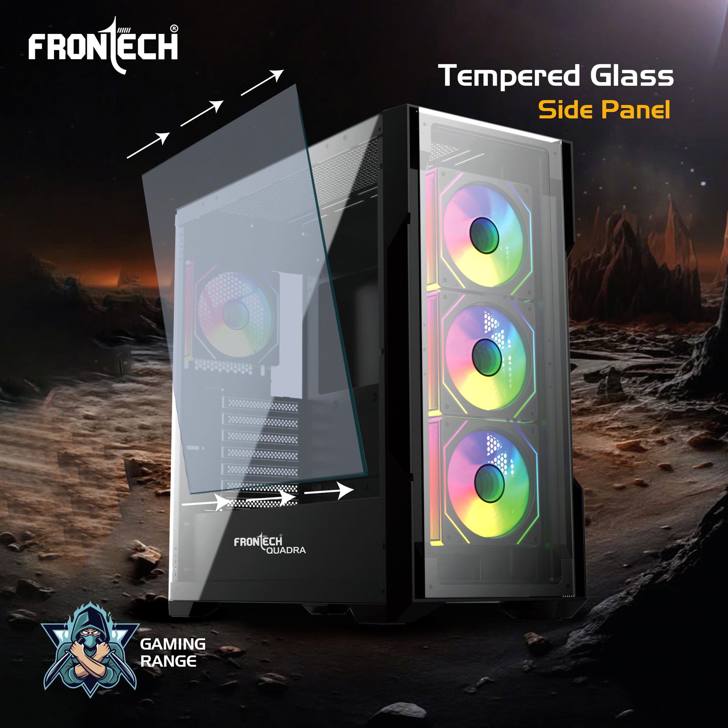 FRONTECH QUADRA Gaming Computer Cabinet | Mid-Tower PC Cabinet | 4 Pre-Installed 120mm ARGB Fans | Washable Dust Filter | Tempered Glass Side Panel | USB 3.0, USB 1.0, Type-C, HD Audio/Mic | ATX/MATX Motherboard Support (FT-4385)