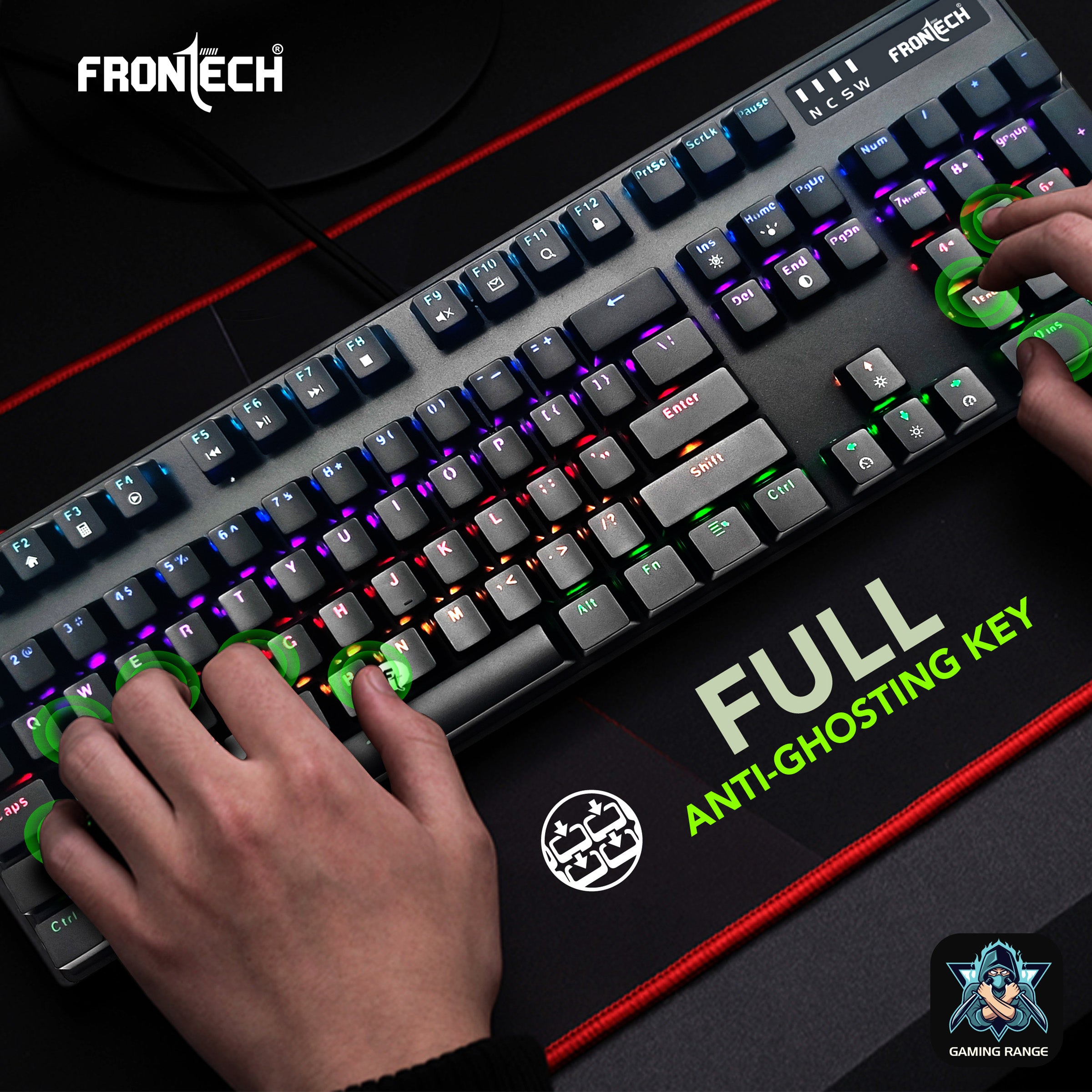 Frontech Wired Mechanical Gaming Keyboard | 104 Keys | Rainbow Backlit | Anti-Ghosting | Ergonomic Design | 12 Multimedia Hotkeys | Height Adjustable | 1-Year Warranty (KB-0014P)