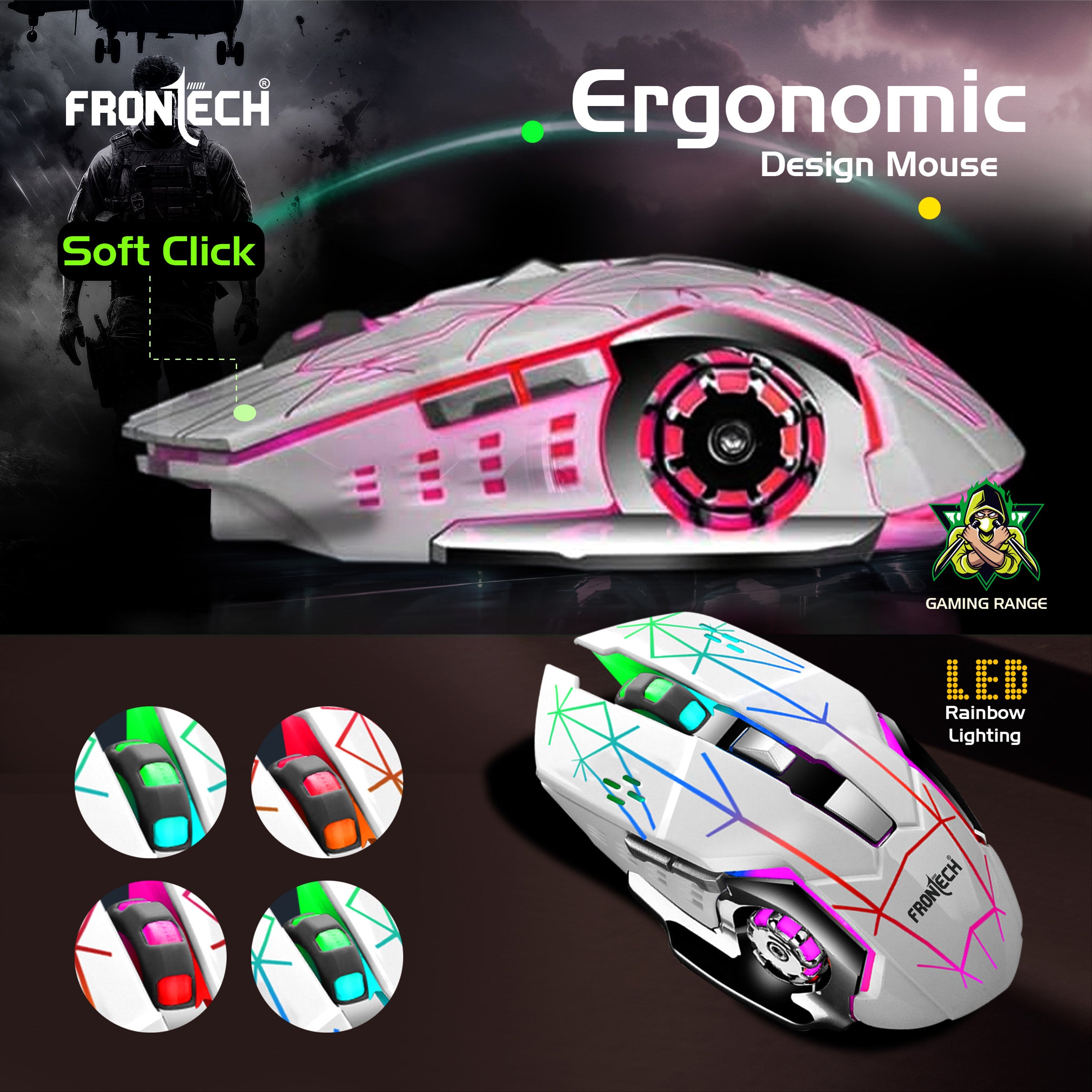 FRONTECH Wireless Gaming Keyboard & Mouse Combo | Rainbow Backlit | 2.4GHz | 4800 DPI | Rechargeable | Type-C | 104 keys | Windows/Mac/Android/iOS Compatible (KB-0025W)