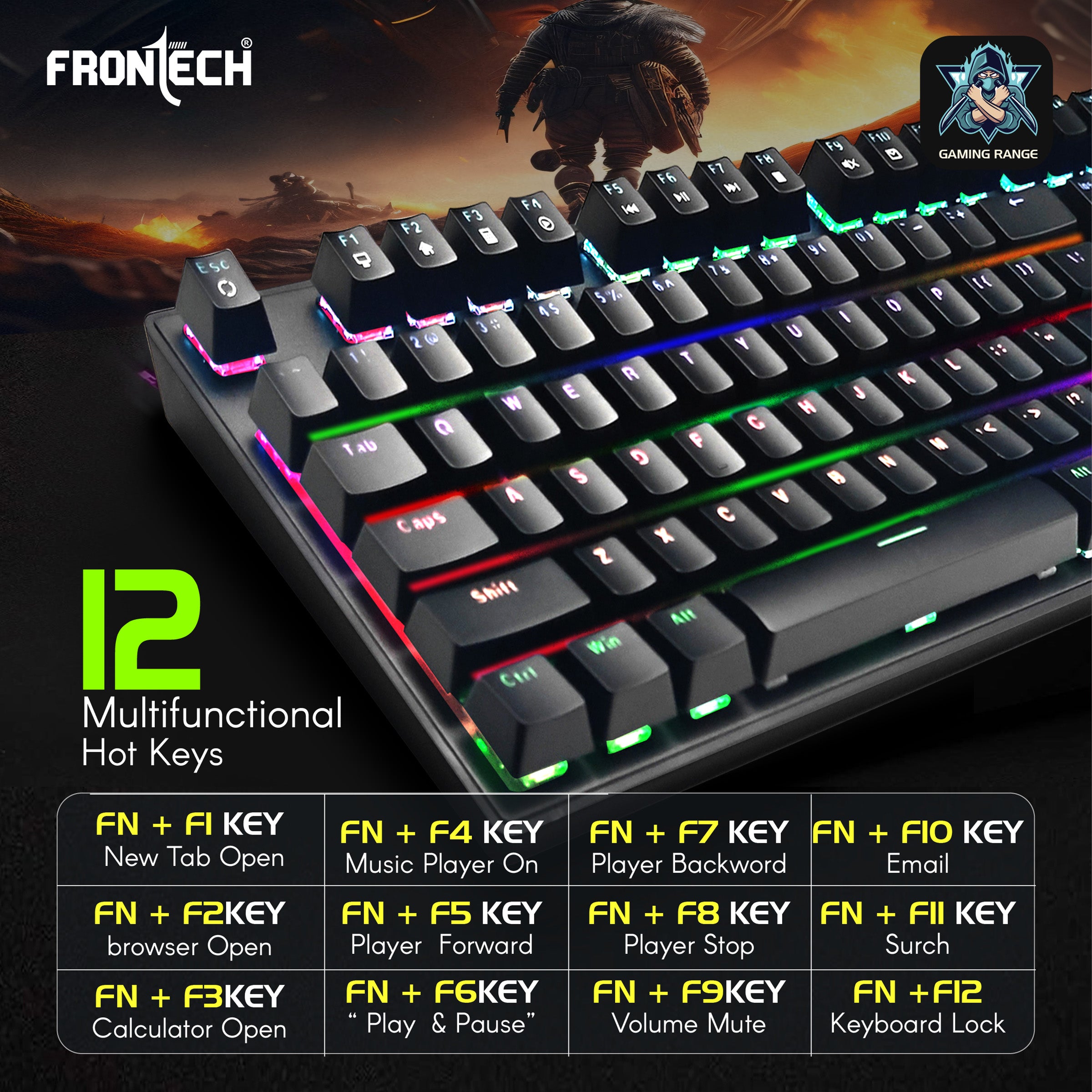 Frontech Wired Mechanical Gaming Keyboard | 104 Keys | Rainbow Backlit | Anti-Ghosting | Ergonomic Design | 12 Multimedia Hotkeys | Height Adjustable | 1-Year Warranty (KB-0014P)