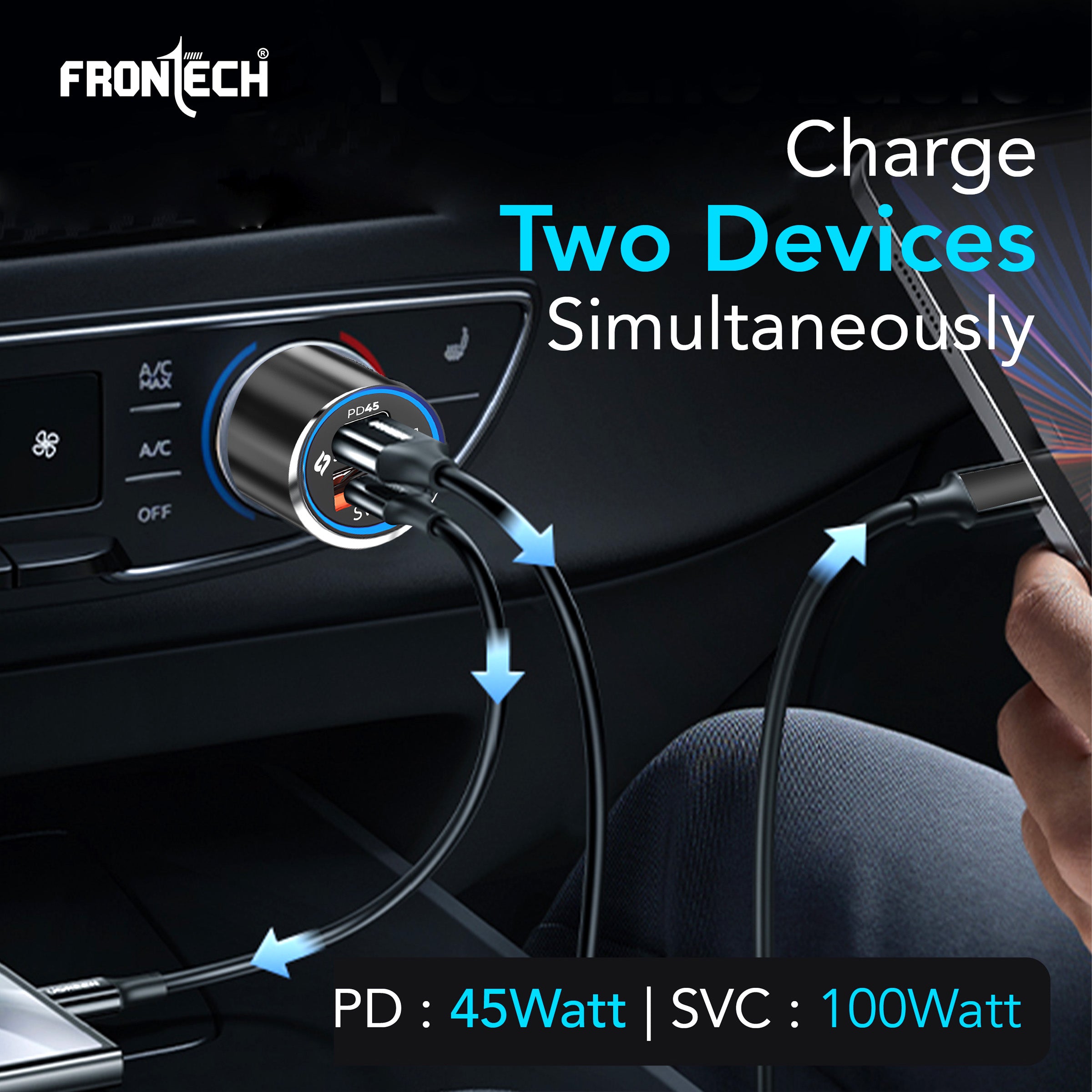 FRONTECH Super-Fast Car Charger | 145W Dual Port | Type-C PD 45W + USB QC 100W | Anti-Vibration | Compact Design | 1M Type-C Cable | Secure Fit (CCH-0005)