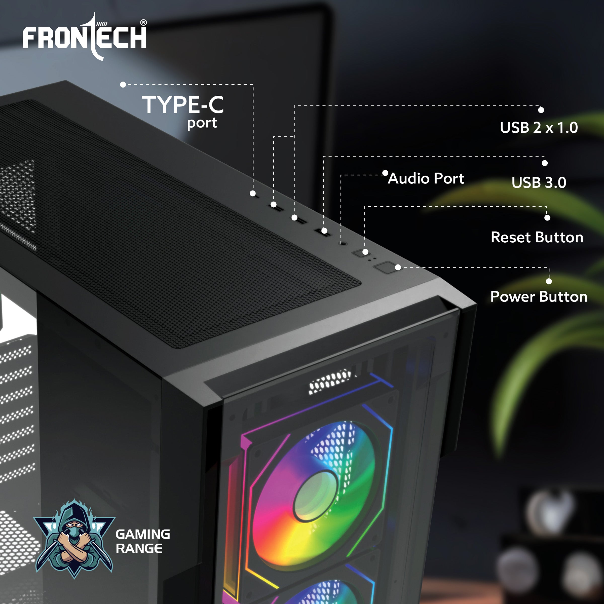FRONTECH QUADRA Gaming Computer Cabinet | Mid-Tower PC Cabinet | 4 Pre-Installed 120mm ARGB Fans | Washable Dust Filter | Tempered Glass Side Panel | USB 3.0, USB 1.0, Type-C, HD Audio/Mic | ATX/MATX Motherboard Support (FT-4385)