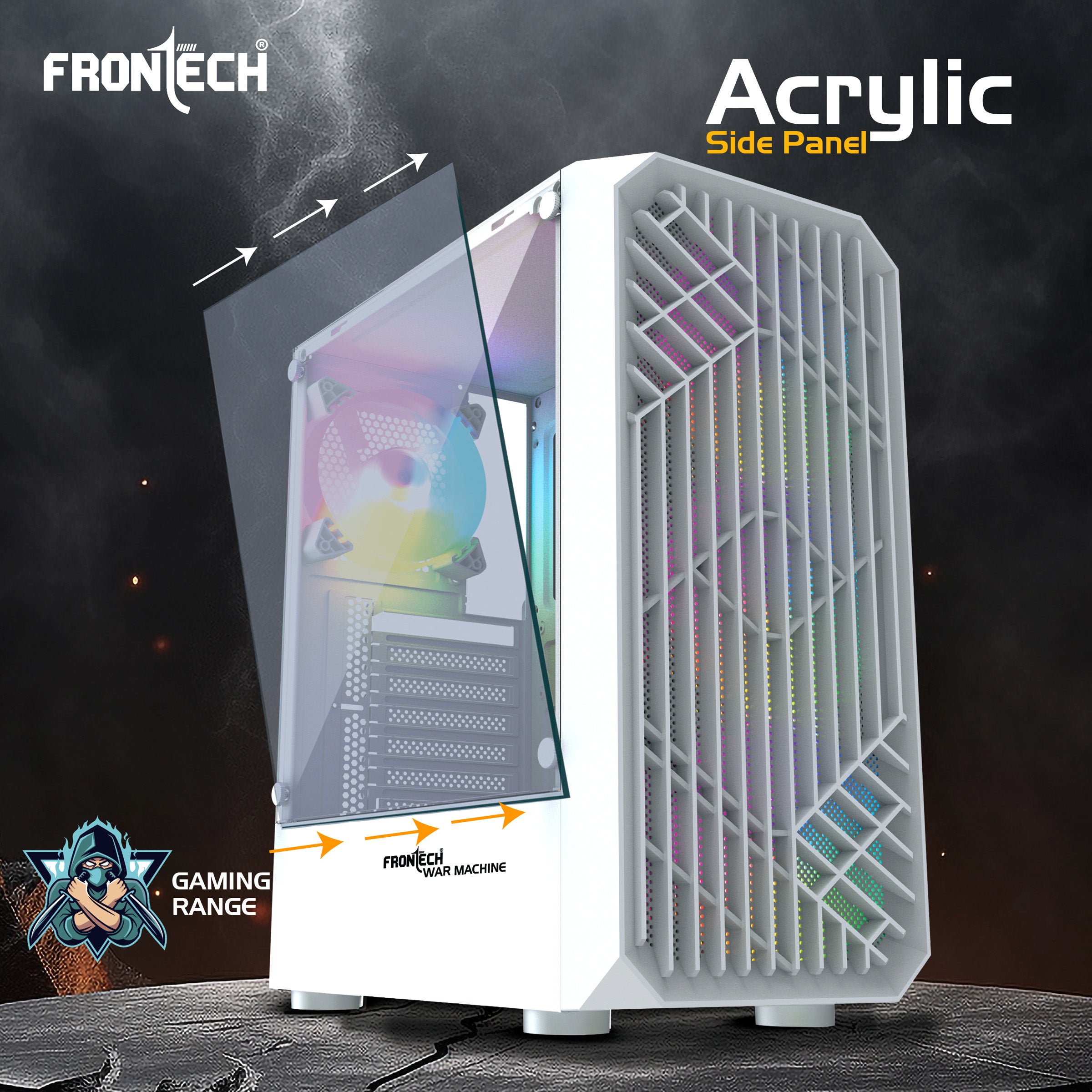 FRONTECH WAR MACHINE FT-4350 Gaming Computer Case with 4x120mm LED Fans & Acrylic Side Panel.