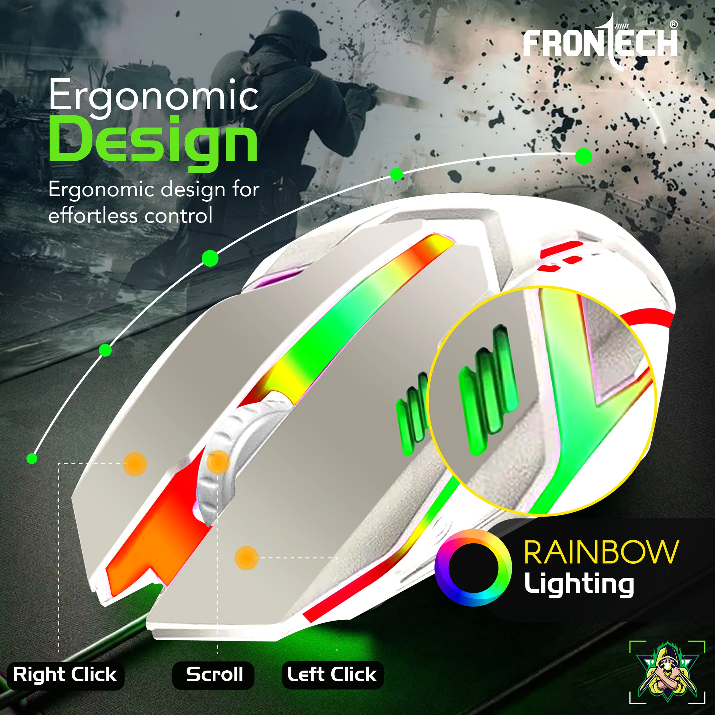 Frontech KB-0040PW Wired Gaming Keyboard and Optical Mouse | RGB Backlight | 105 Keys Combo Set (White)
