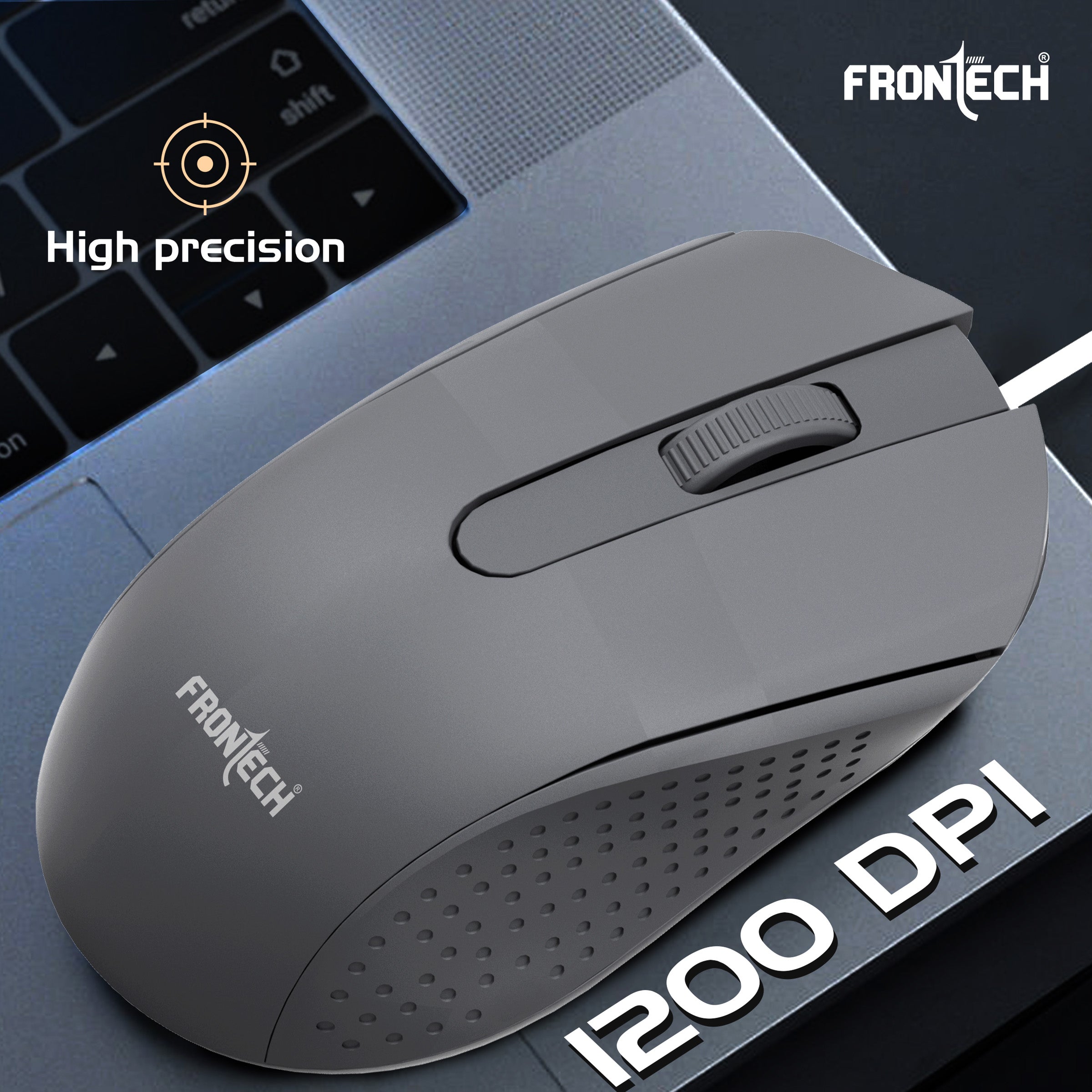 Frontech Wired USB Mouse | 3 Handy Buttons | Scroll Wheel 1200 DPI | MS-0103 Wired Optical Mouse (USB 2.0, Grey)