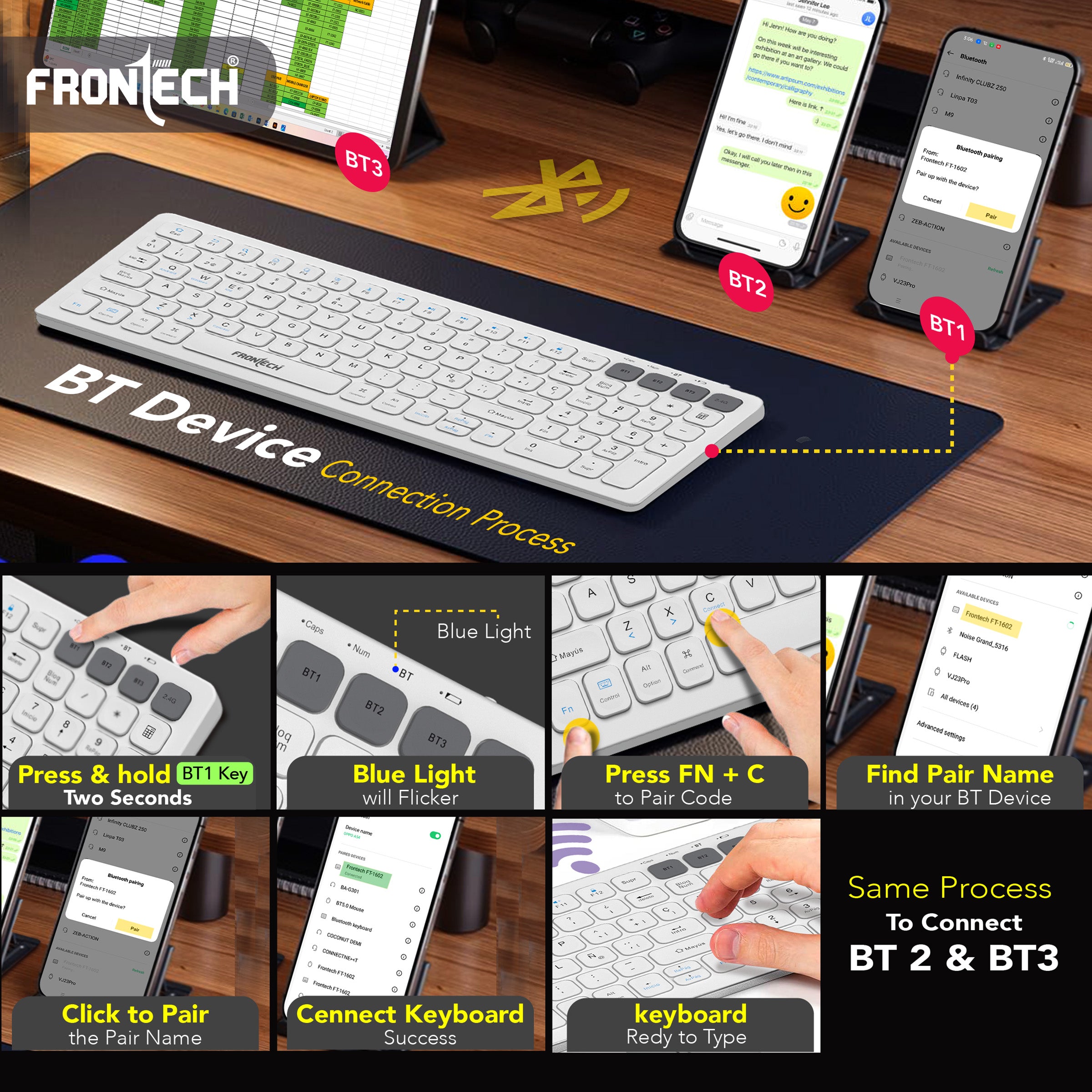 Frontech wireless keyboard & mouse combo | 2.4 Ghz |Transmission with built-in rechargeable battery |Multi-Device connection ( FT-1602A )