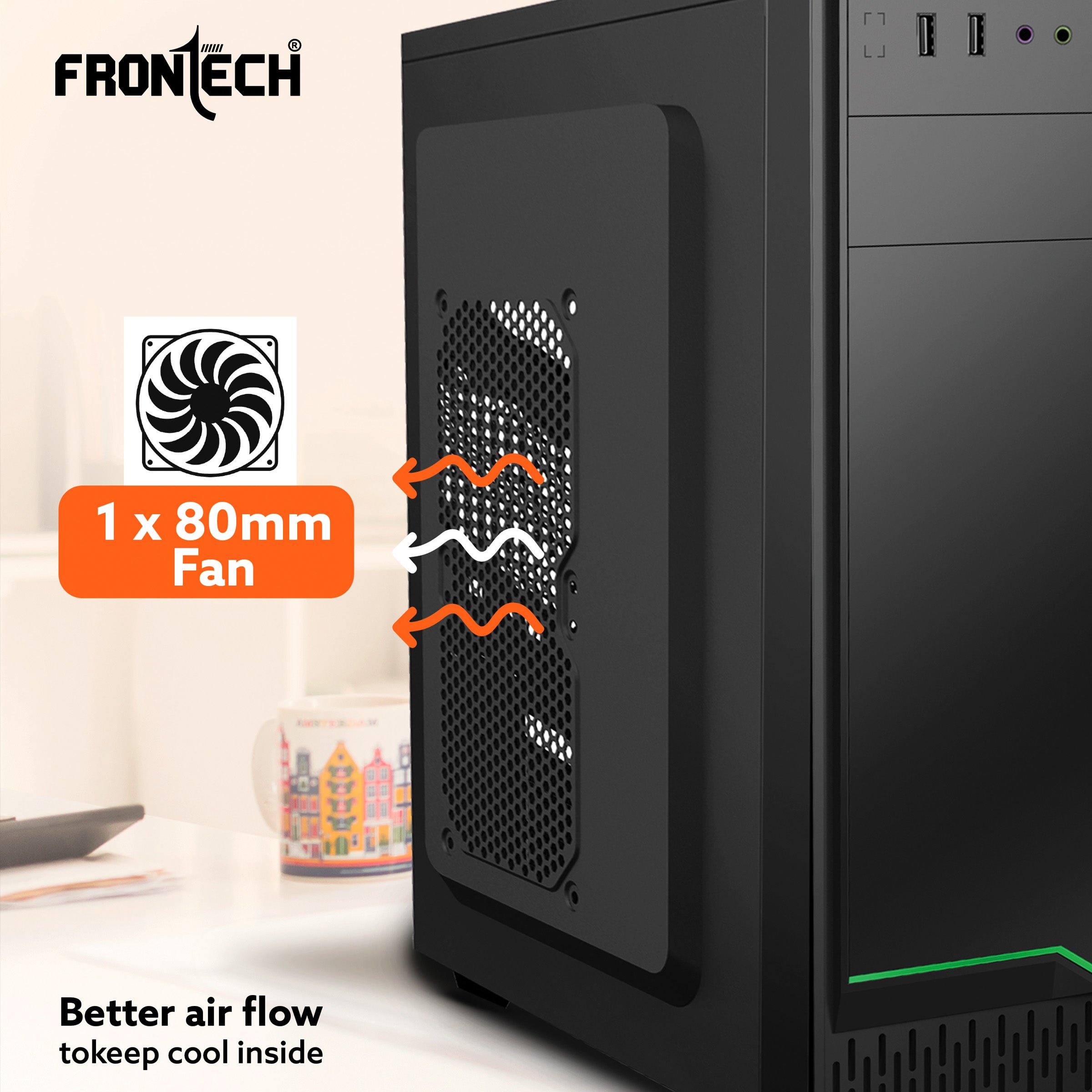 Garnet Premium Silver Range ATX Cabinet | 1x80mm Fan, 2xUSB 1.1 Ports (FT-4323G)