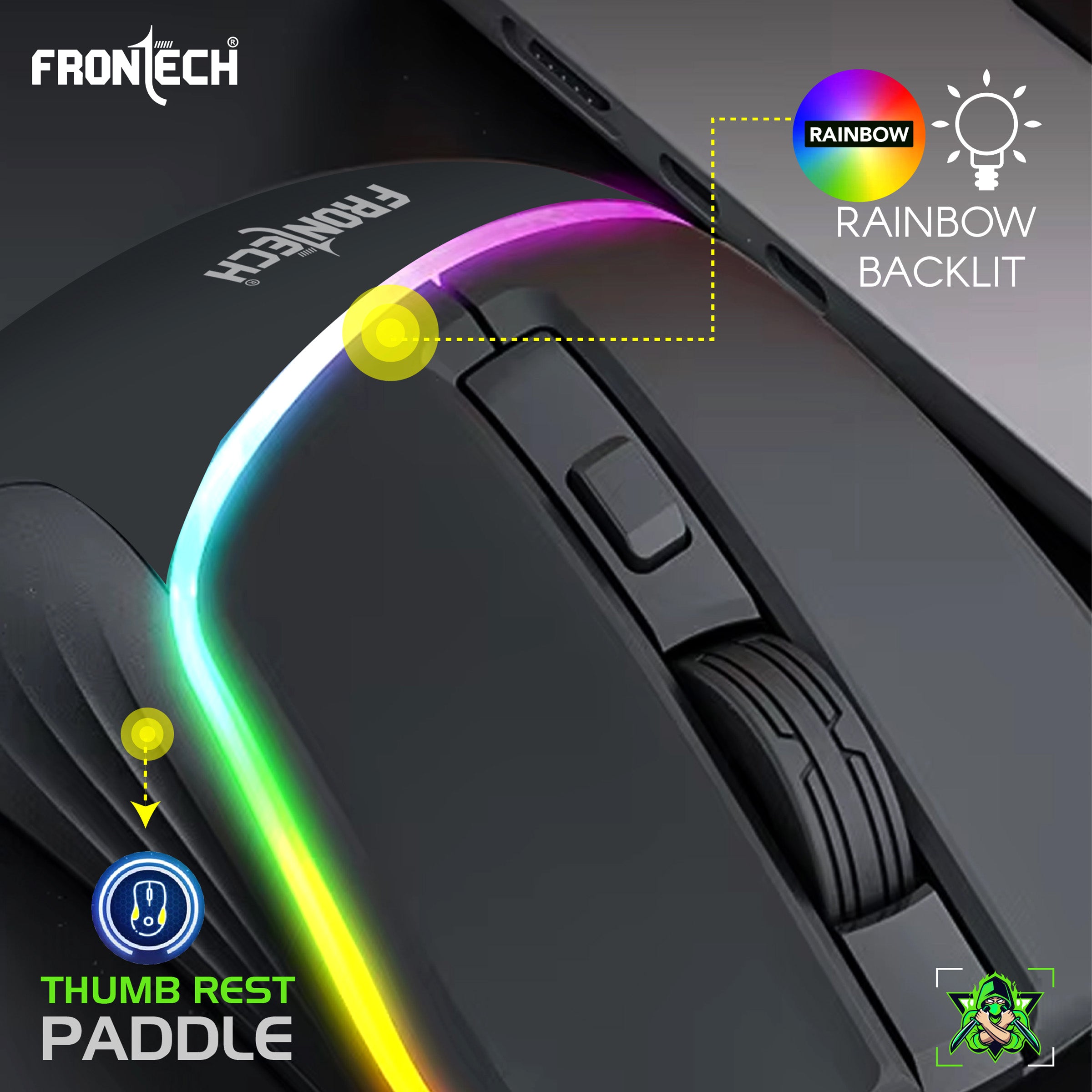 FRONTECH G902 - AuraGlow Ergonomic Gaming Mouse | 7200 DPI | 6-Button Control | Silent Click | 1.5M Braided Cable. (MS-0104)