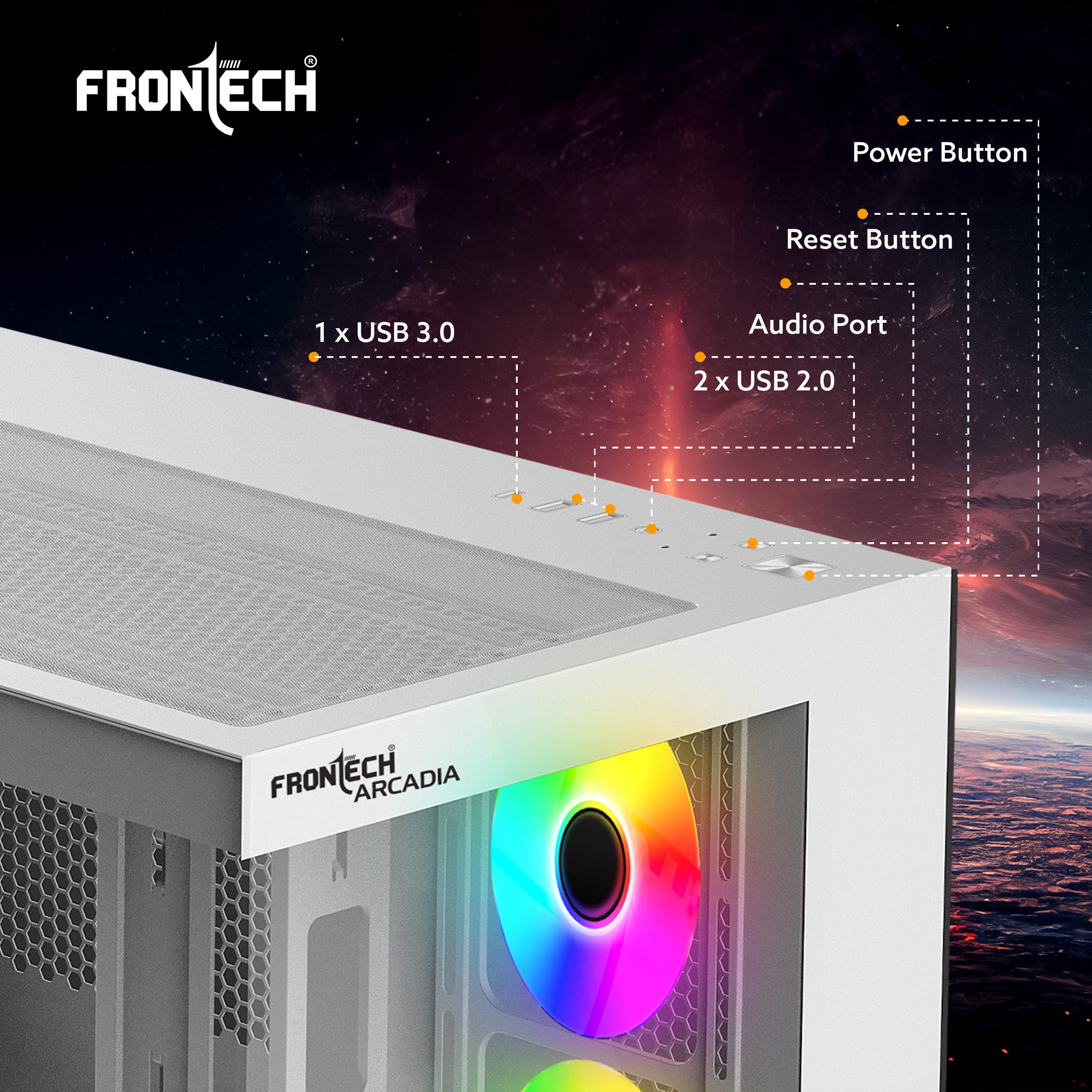 Frontech ARCADIA FT-4381 White Gaming Computer Case with ARGB & Tempered Glass