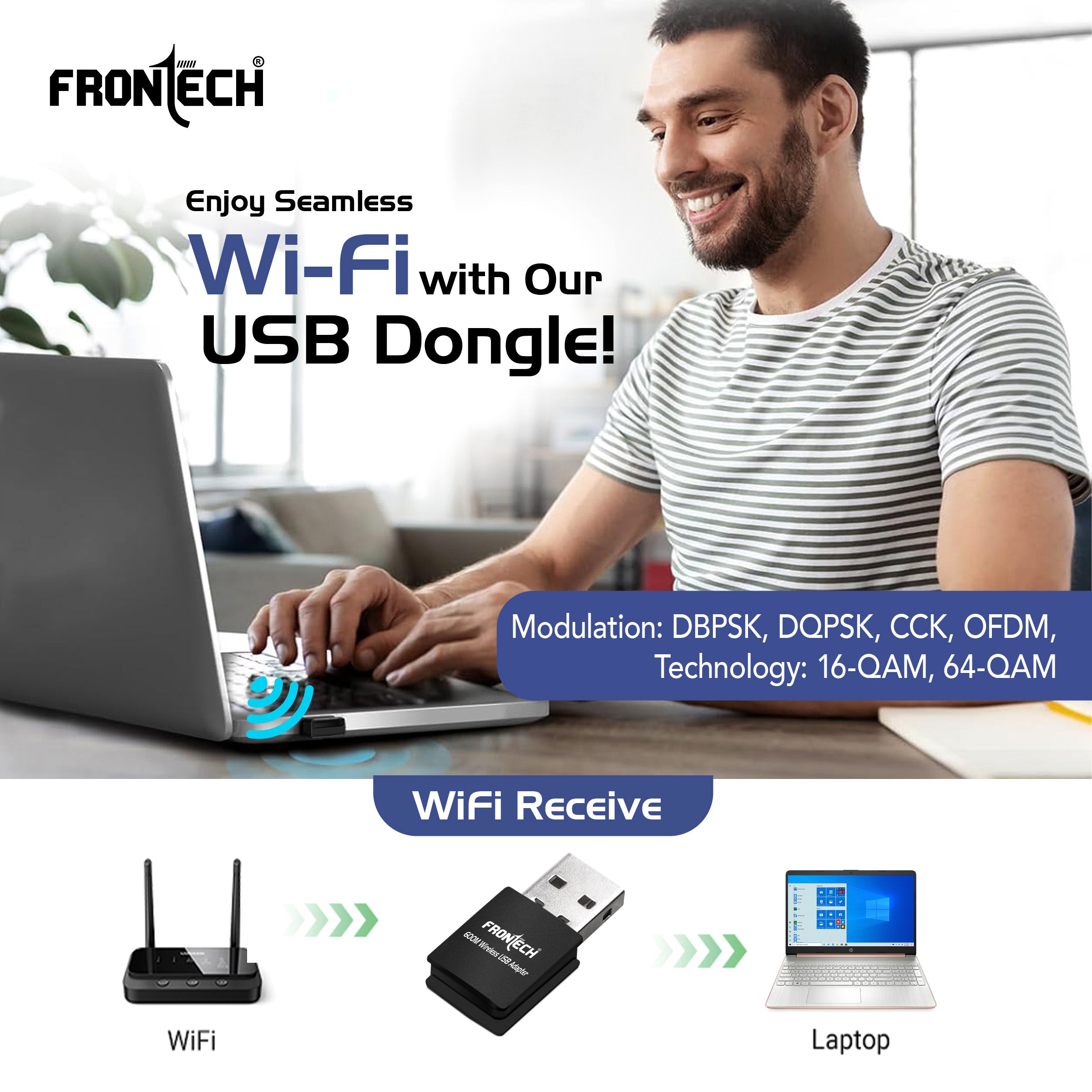 FRONTECH 600 Mbps USB Wi-Fi + Bluetooth Adapter | PC, Laptop | Dual Band (2.4GHz) | BT 4.2/2.1 | USB 2.0 | Wireless Network Card (Gaming, Work, Travel, Home) | Compatible with Windows 7/8/10/11/XP | WEP,WPA-PSK,WPA2-PSK Security | 10-20M Range (FT-0844)