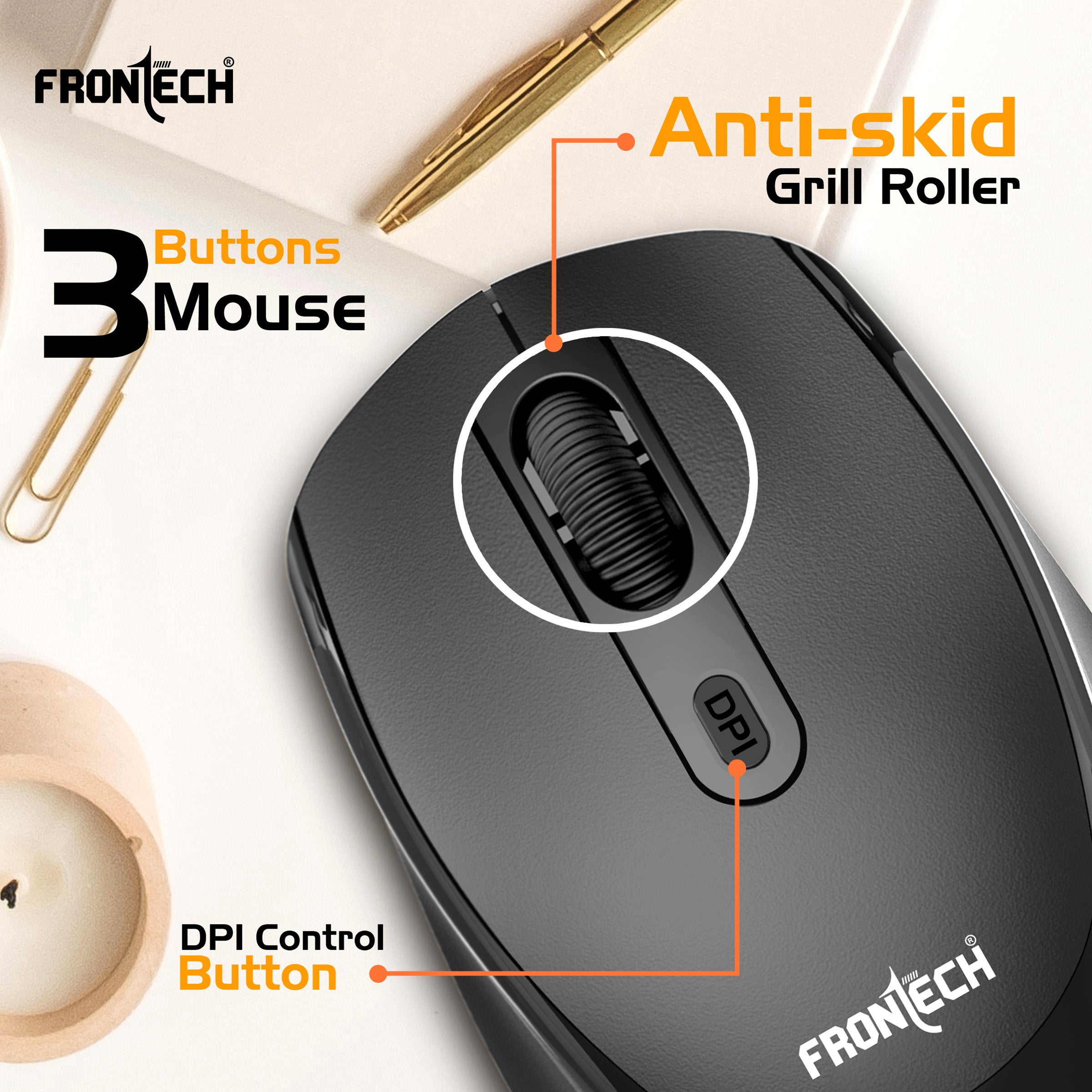 FRONTECH KB-0028P Wireless Keyboard and Mouse Combo | 2.4GHz Connectivity | 104 Keys | 1600 DPI Mouse | Ergonomic Design | USB Nano Receiver | Compatible with Laptop & PC | Black