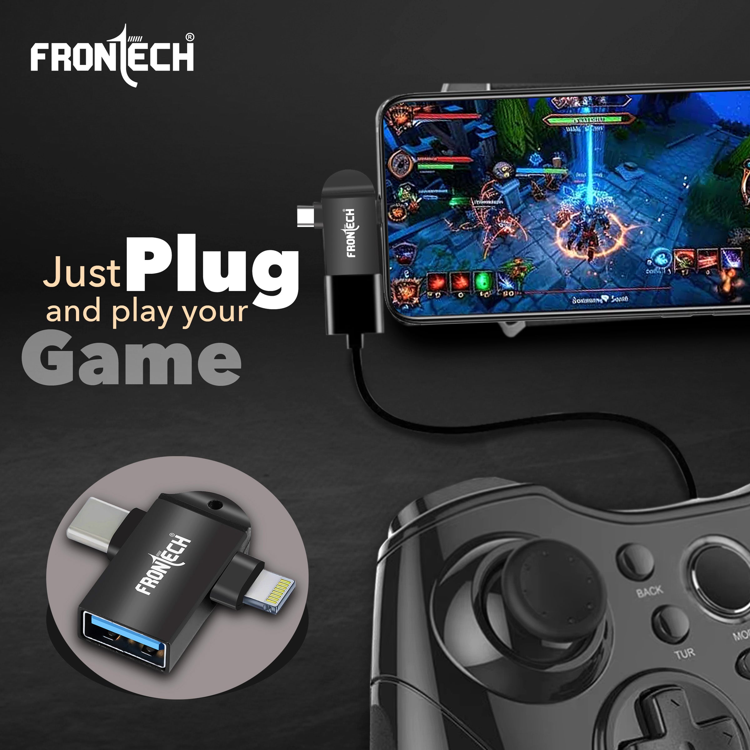Frontech Dual Interface OTG Converter – USB to Type-C & 8-Pin Converter for Android & iOS (NC-0046).