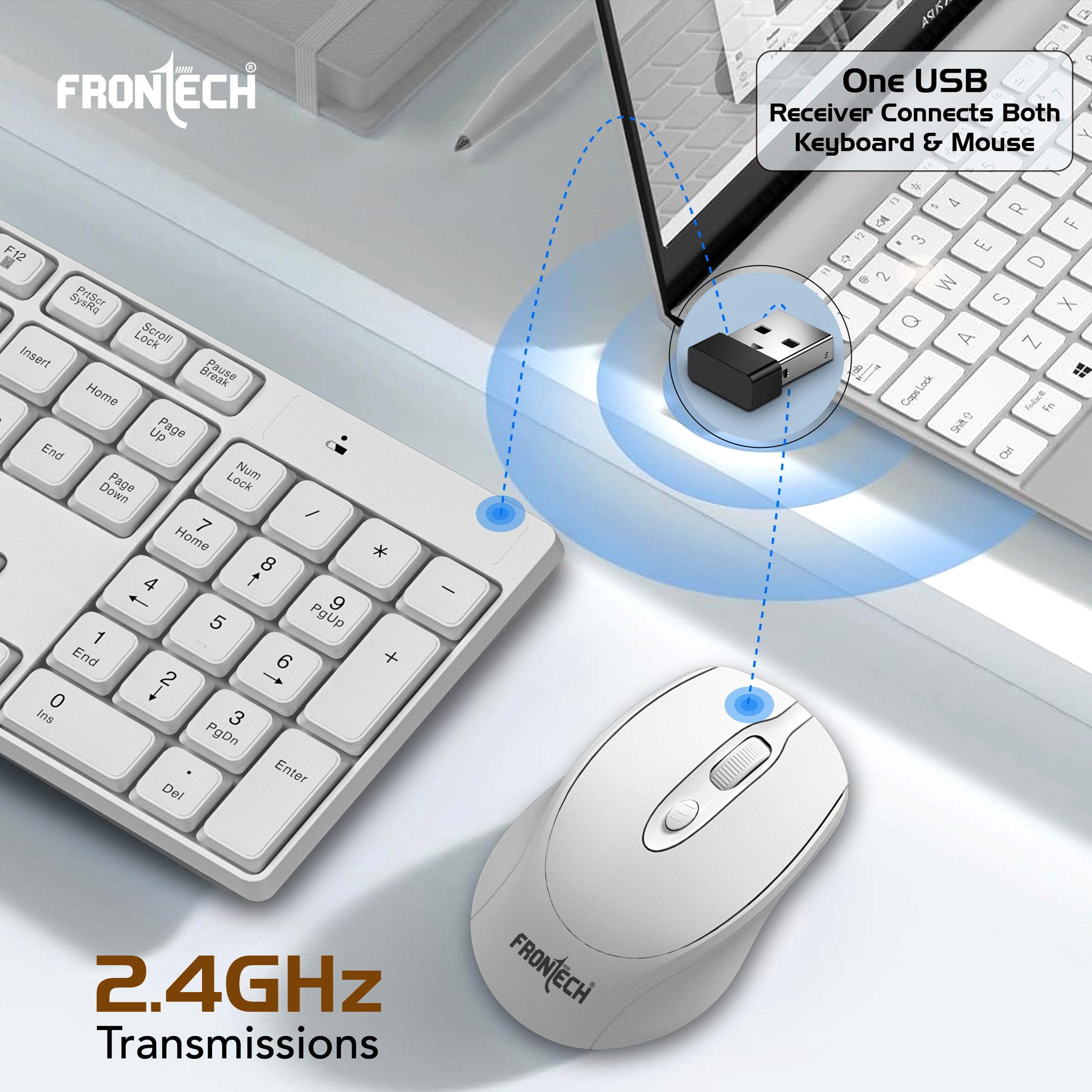 Frontech 2.4Ghz Wireless Keyboard and Mouse|104 Keys|1600 DPI|KB-0031| Combo Set (White)