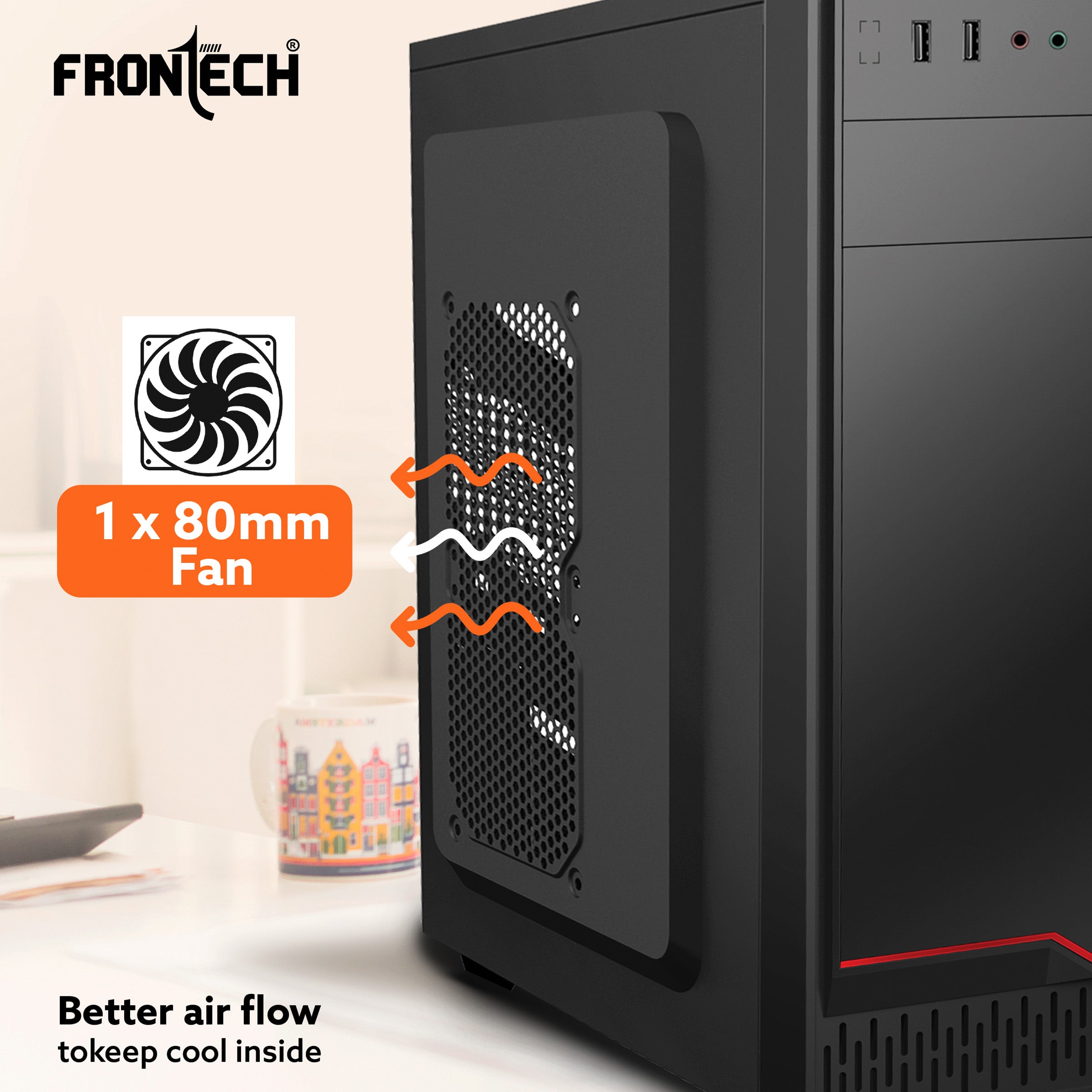 Garnet Premium Silver Range ATX Cabinet | 1x80mm Fan, 2xUSB 1.1 Ports (FT-4323R)
