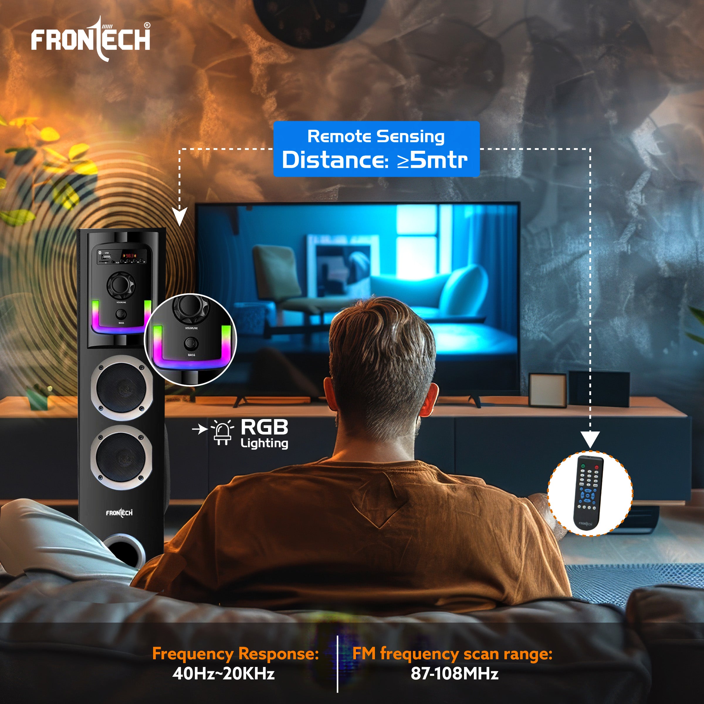 Frontech CRUX-167 60W Bluetooth Tower Speaker|1.0 Tower design | Wired Mic | RGB Lighting | Remote Control | Built-in FM Radio| BT Connectivity | USB | Karaoke, TV, PC & Smartphone Compatible (SW-0167)