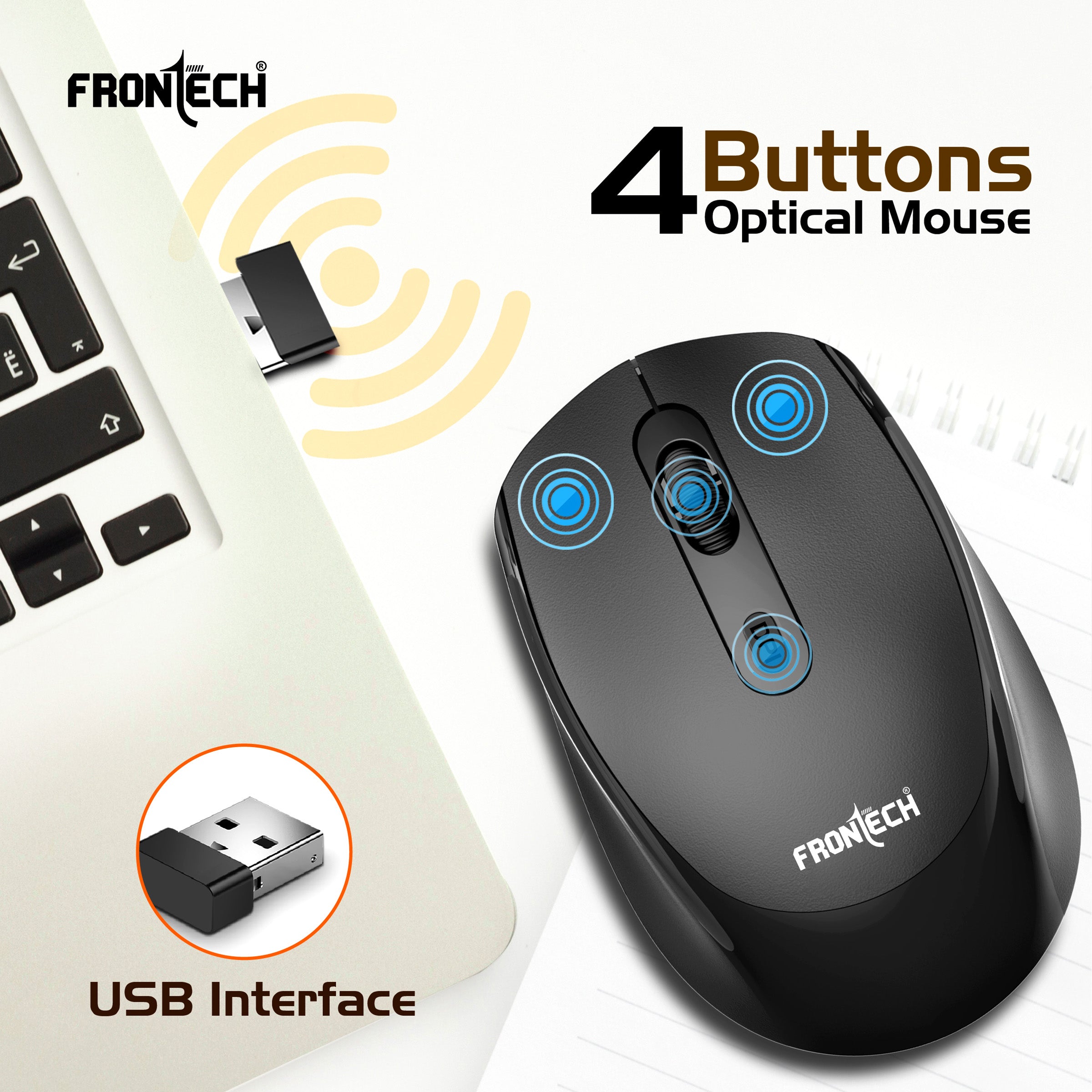Frontech MS-0074 2.4GHz Wireless Optical Mouse | 1600 DPI | Ergonomic Design | USB Nano Receiver | Anti-Skid Roller | Compatible with Windows XP/Vista/7/8/10/11