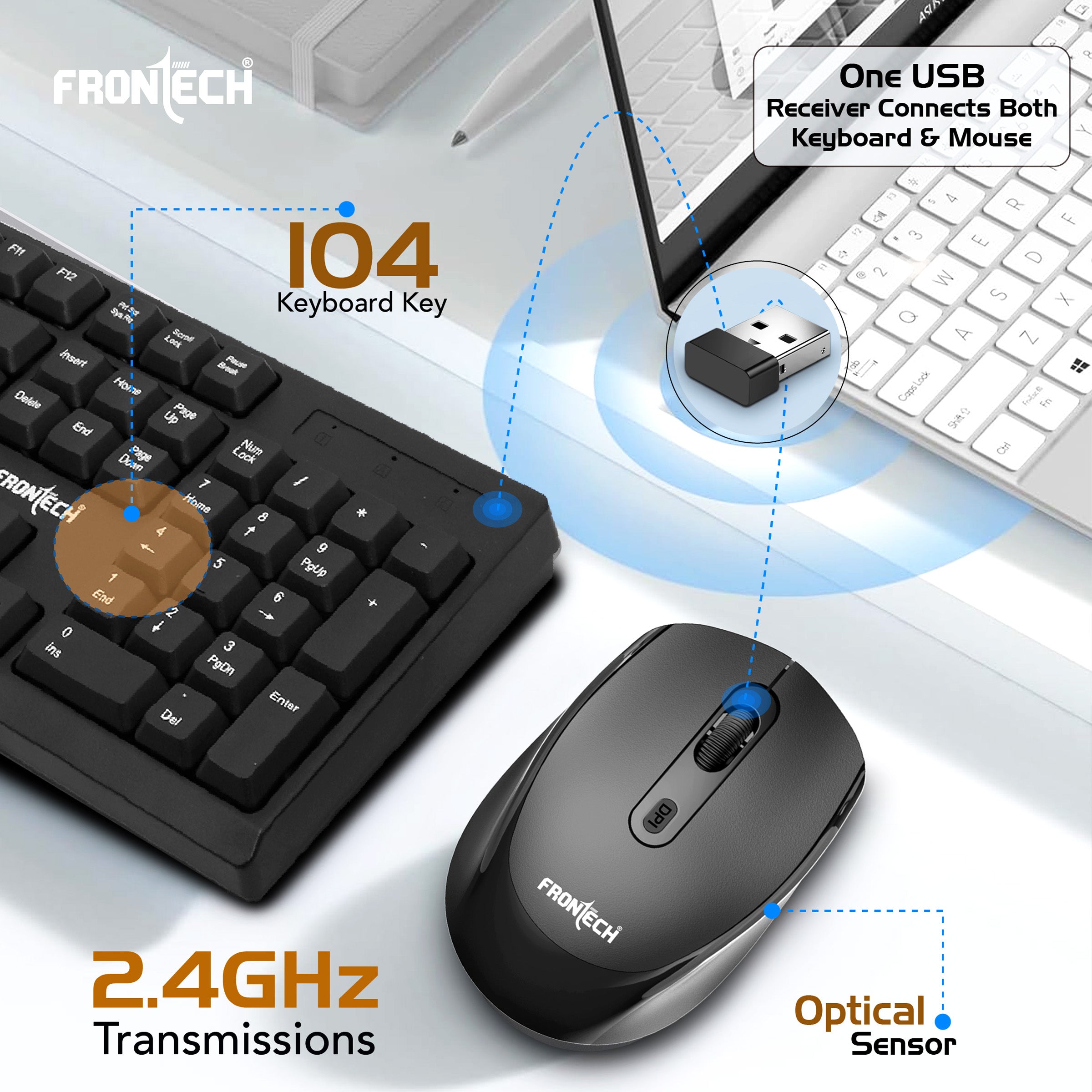 FRONTECH KB-0028P Wireless Keyboard and Mouse Combo | 2.4GHz Connectivity | 104 Keys | 1600 DPI Mouse | Ergonomic Design | USB Nano Receiver | Compatible with Laptop & PC | Black