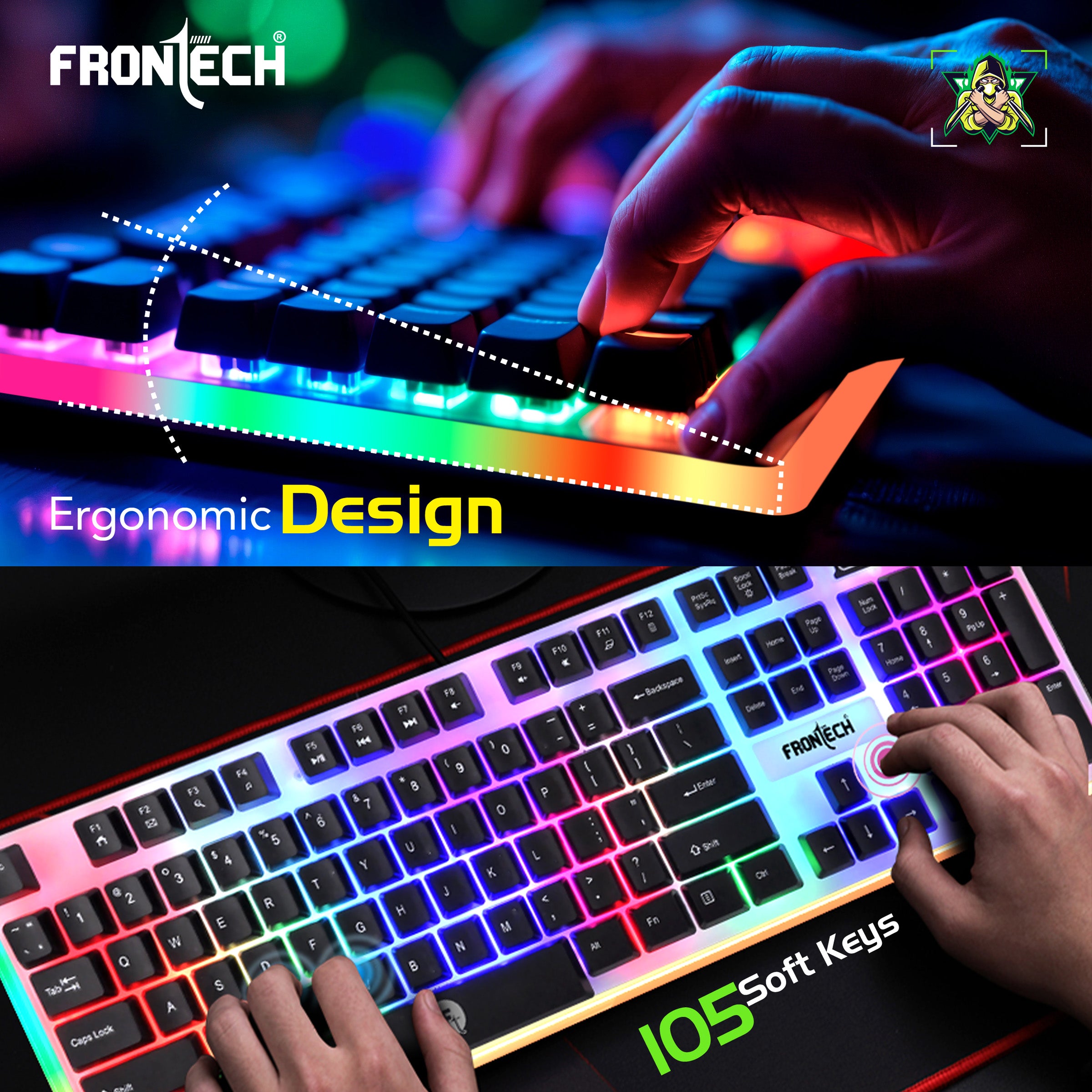 Frontech KB-0040P Wired Gaming Keyboard and Optical Mouse | RGB Backlight | 105 Keys Combo Set (White & Black)