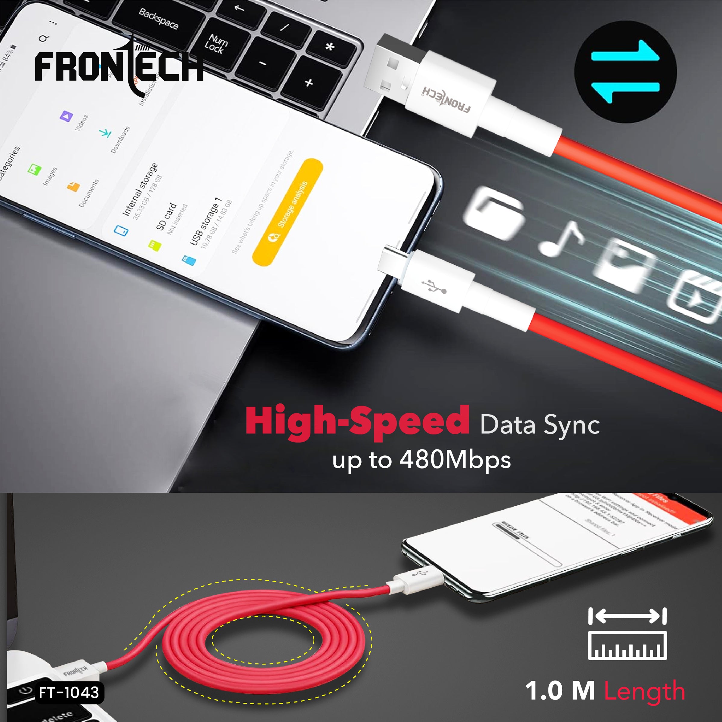 Frontech 65W USB to Type-C Super Fast Charging & Data Cable | 1 Meter | Bend Resistant | High-Speed Sync | Compatible with All Type-C Devices (FT-1043)