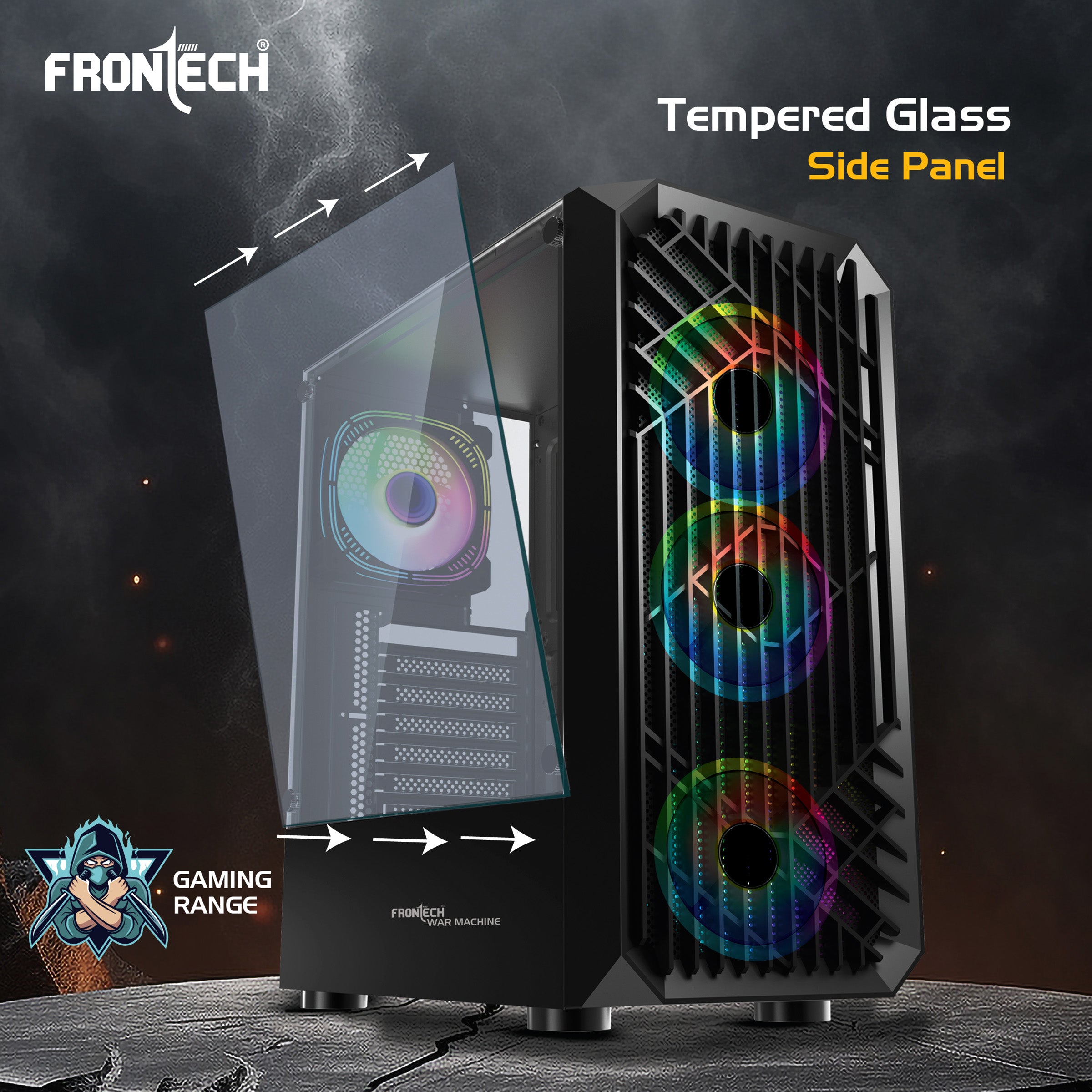 FRONTECH WAR MACHINE FT-4349 Gaming Computer Case with 4x120mm LED Fans & Acrylic Side Panel.