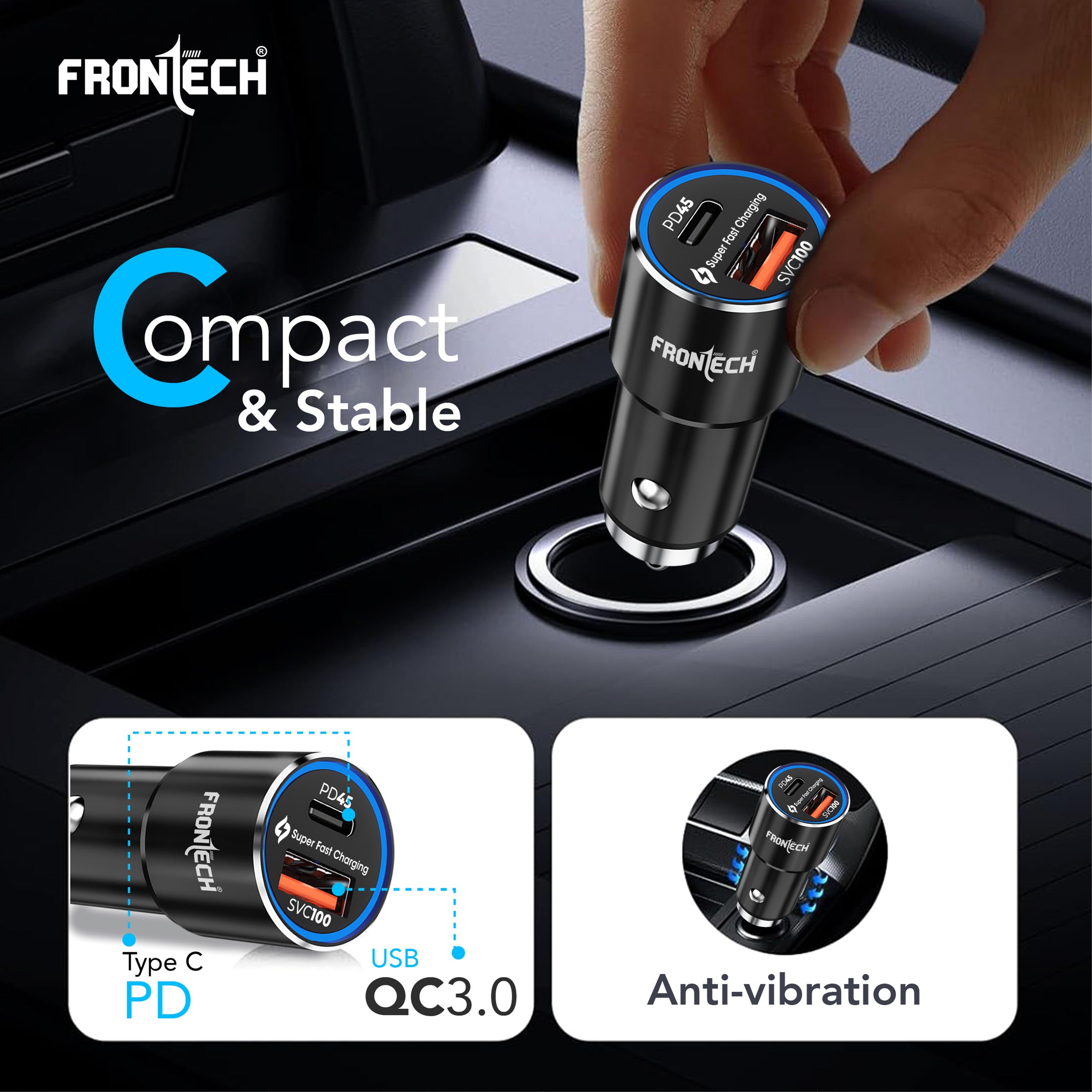 FRONTECH Super-Fast Car Charger | 145W Dual Port | Type-C PD 45W + USB QC 100W | Anti-Vibration | Compact Design | 1M Type-C Cable | Secure Fit (CCH-0005)