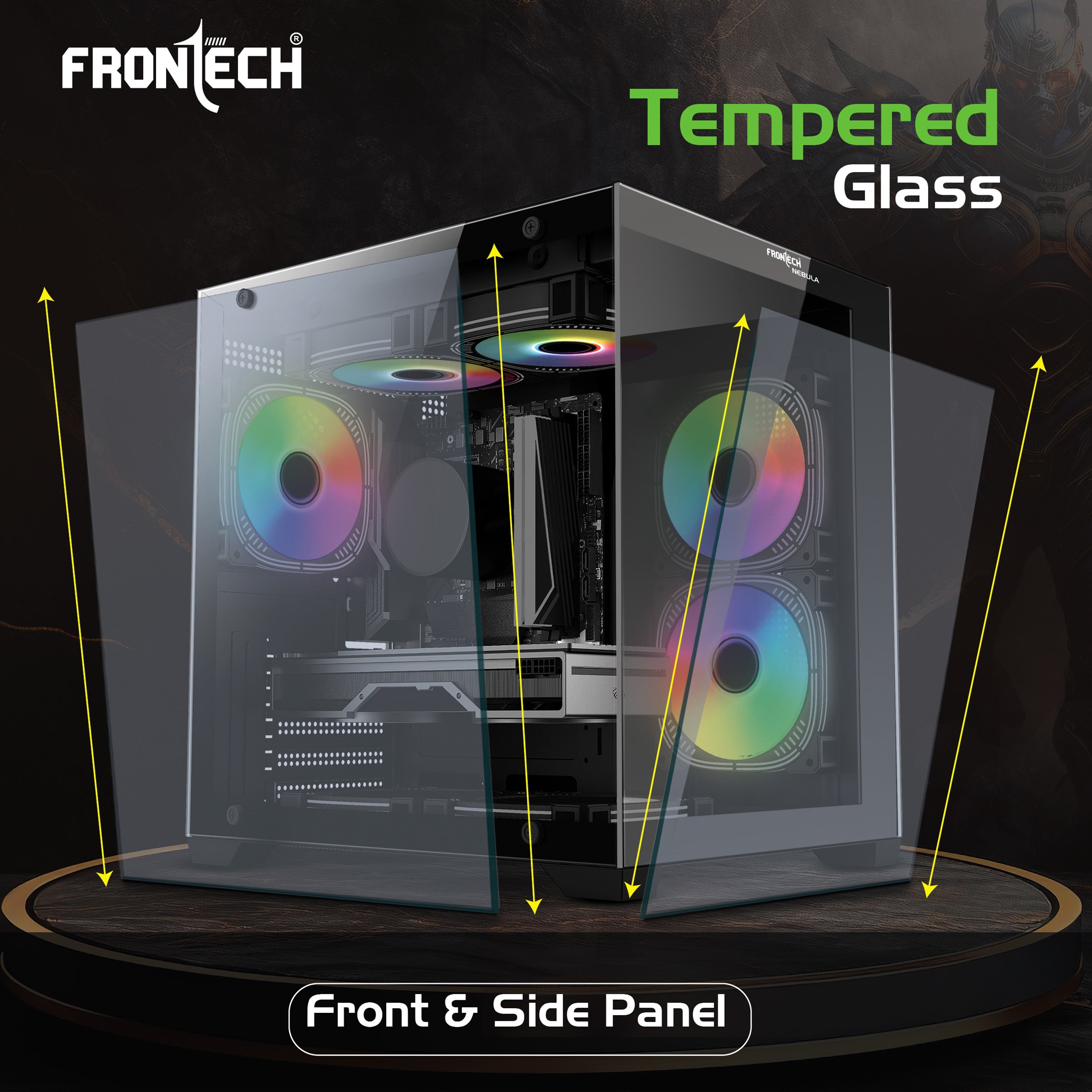 Frontech NEBULA FT-4382 Black Gaming Computer Case with ARGB & Tempered Glass | Dust Filter | USB 3.0 & 1.1 | HD Audio