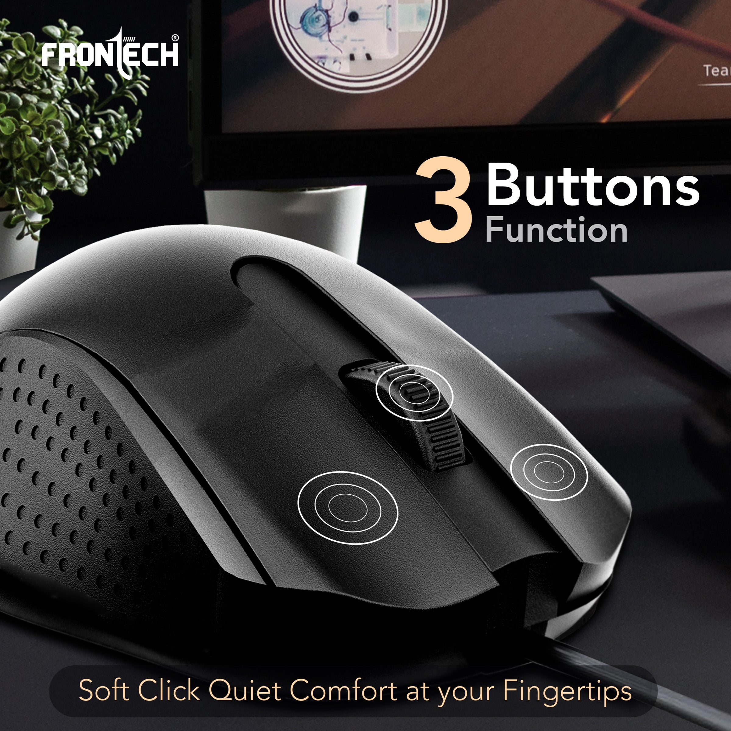 Frontech Wired USB Mouse | 3 Handy Buttons | Scroll Wheel 1200 DPI | MS-0102 Wired Optical Mouse (USB 2.0, Black)