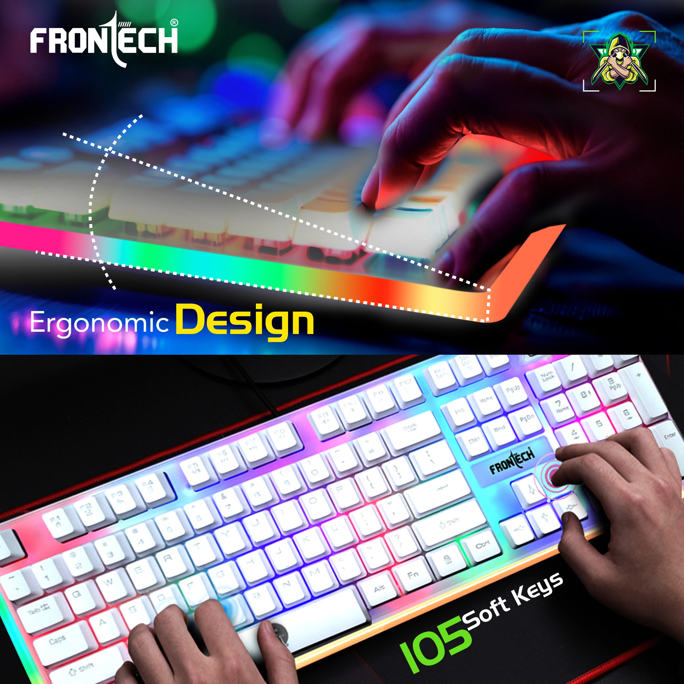 Frontech KB-0040PW Wired Gaming Keyboard and Optical Mouse | RGB Backlight | 105 Keys Combo Set (White)