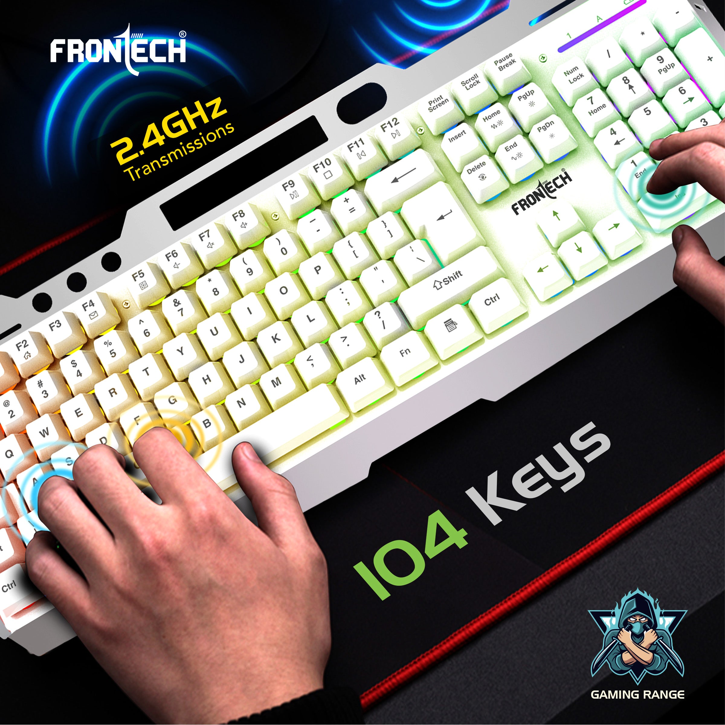 FRONTECH Wireless Gaming Keyboard & Mouse Combo | Rainbow Backlit | 2.4GHz | 4800 DPI | Rechargeable | Type-C | 104 keys | Windows/Mac/Android/iOS Compatible (KB-0025W)