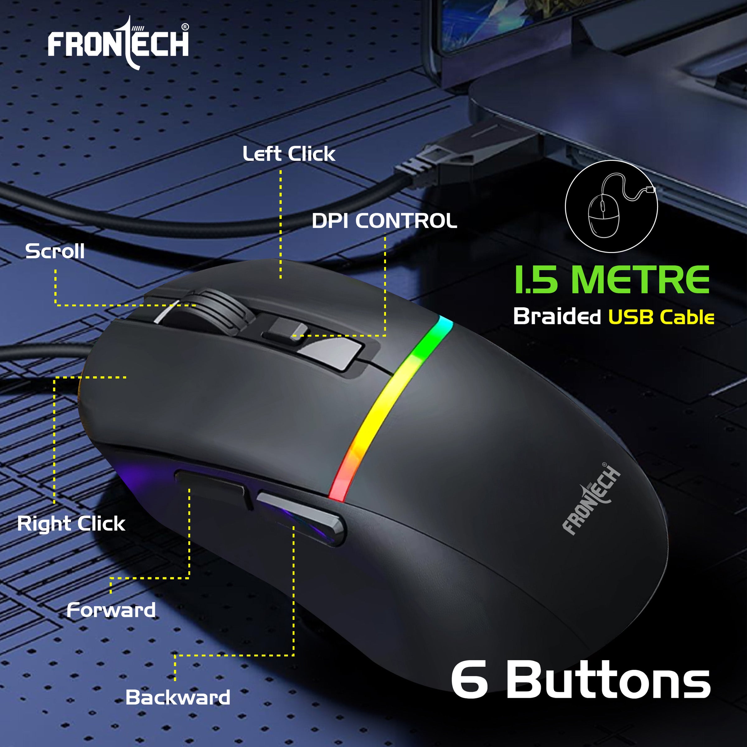 FRONTECH G902 - AuraGlow Ergonomic Gaming Mouse | 7200 DPI | 6-Button Control | Silent Click | 1.5M Braided Cable. (MS-0104)