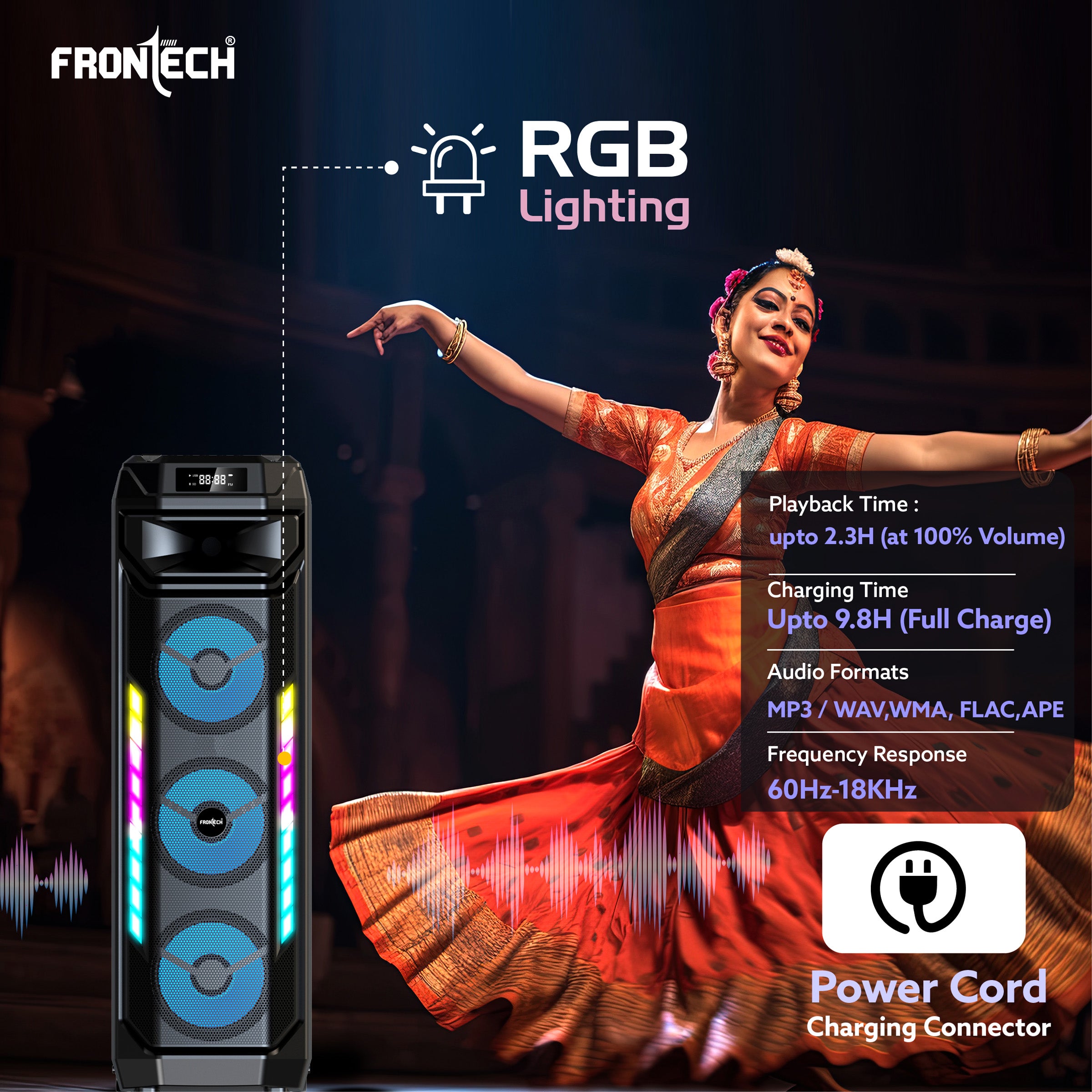 Frontech Smash PRO-20P 90W Trolley Speaker | Karaoke with Wireless Mic | TWS | RGB Lights | BT 5.0 | USB/TF/AUX/FM | 6000mAh Battery | Dual Mic Ports | Recording (SW-0020P).