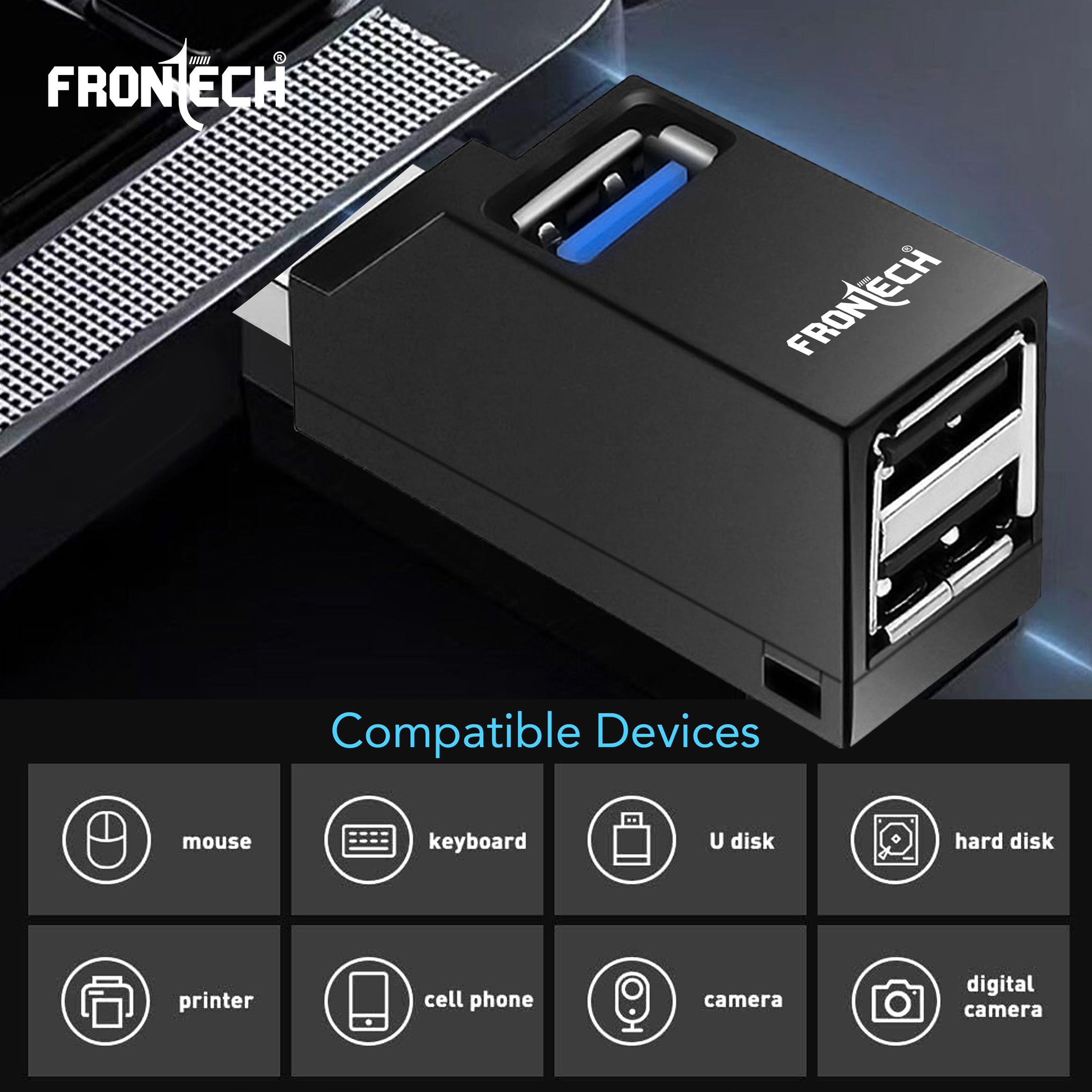 Frontech USB Hub: High-Speed USB 3.0 & 2.0 | Expand Your Ports | Blazing Fast Data Transfer & Compact Design