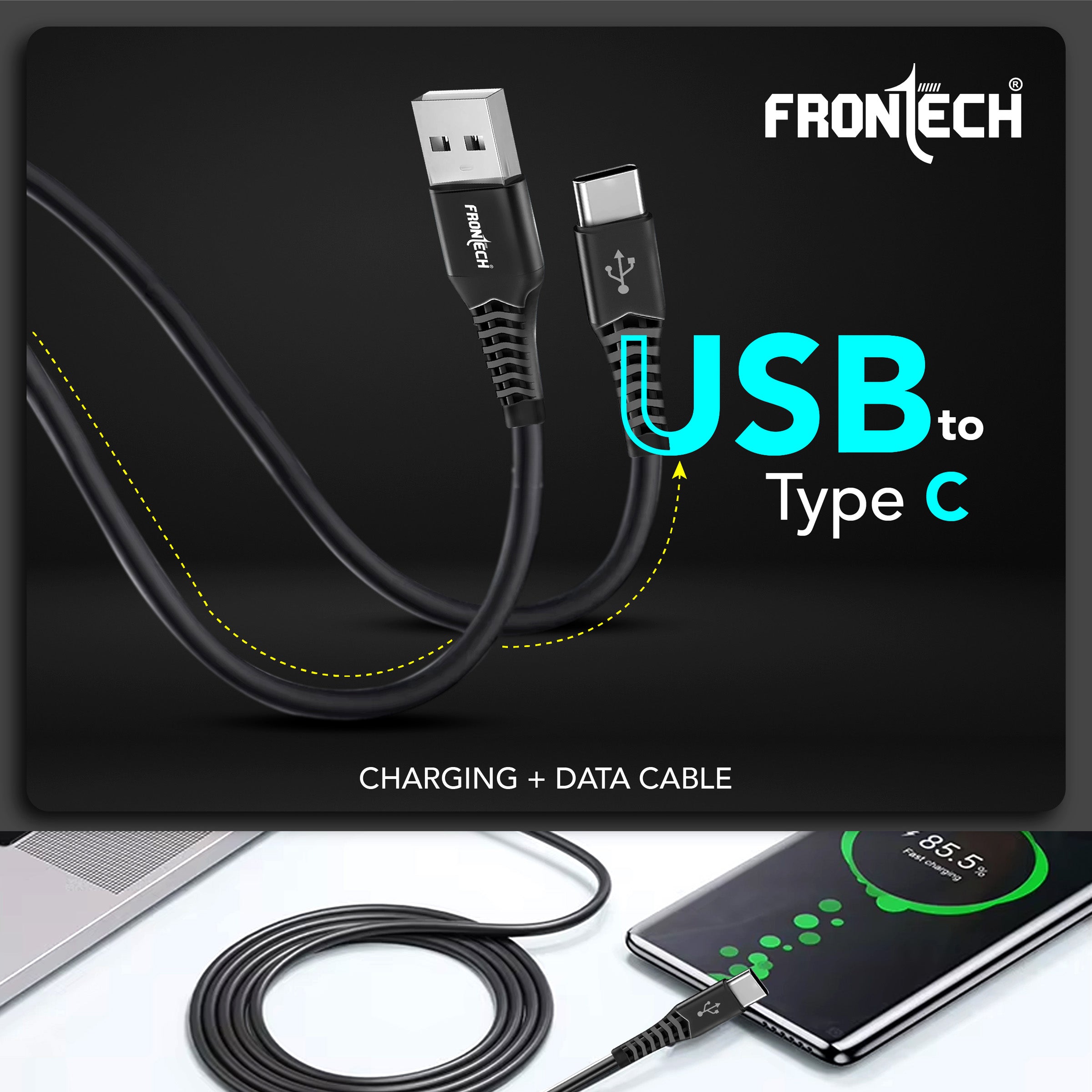 FRONTECH 12W / 2.4A Super Fast Charging 1M PVC USB to Type-C Data Cable for Smartphones, Tablets, Laptops & other Micro USB V8 Devices, Charging and Data Sync (1023 - Black)