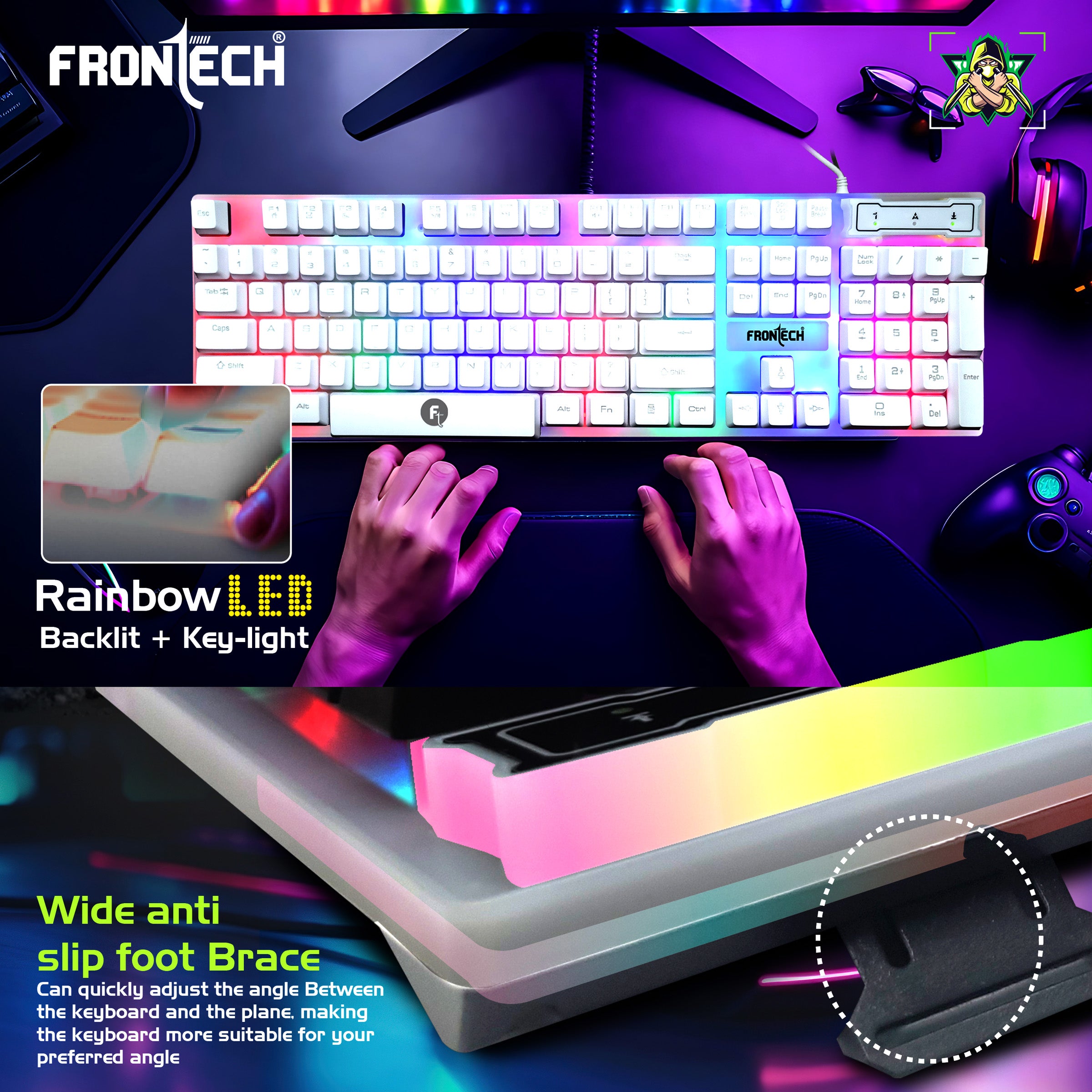 Frontech KB-0040PW Wired Gaming Keyboard and Optical Mouse | RGB Backlight | 105 Keys Combo Set (White)