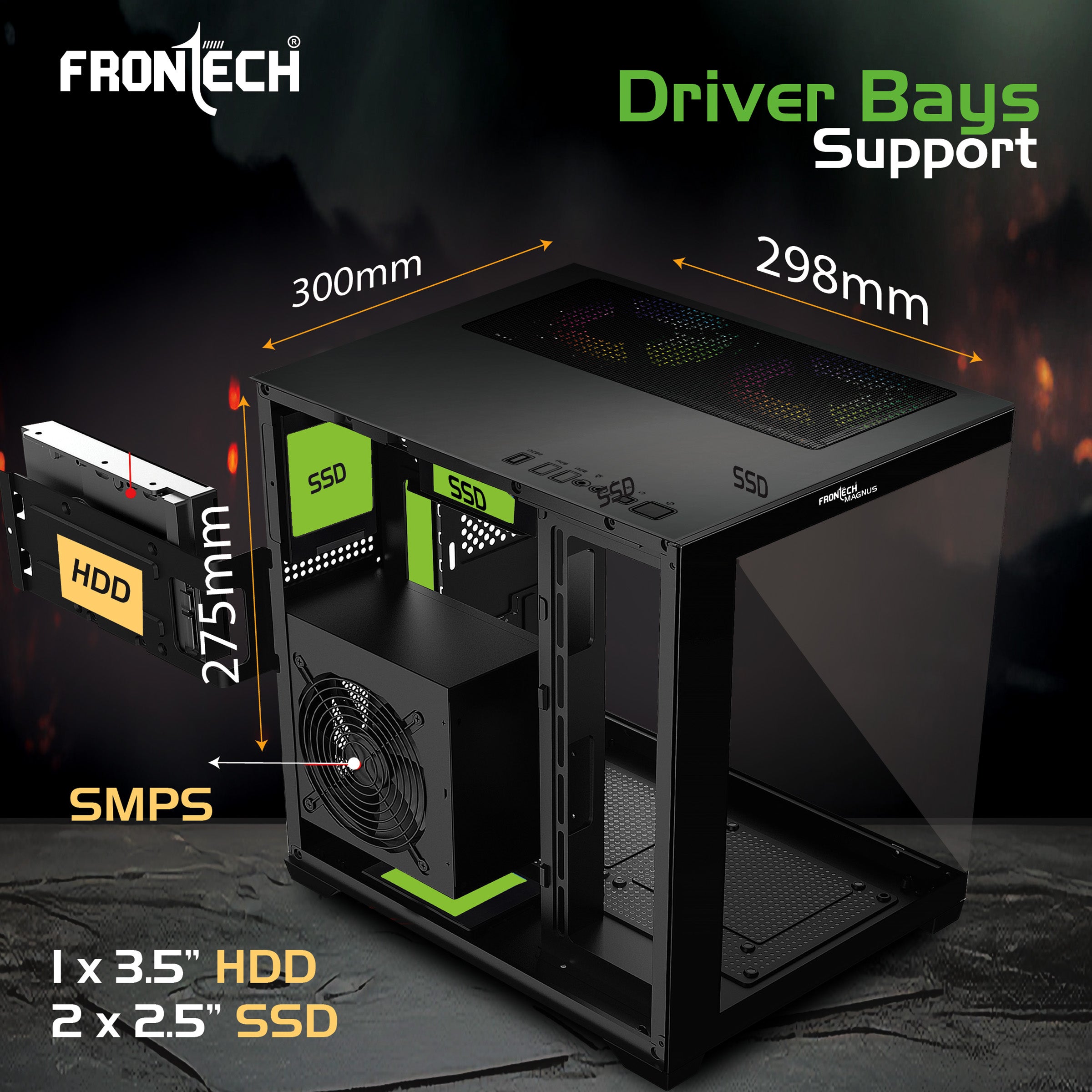 Frontech Nebula Gaming PC Case – 5× 120 mm ARGB Fans, Dual Tempered Glass Panels, Washable Dust Filters, USB 3.0 I/O, Micro-ATX & Mini-ITX Compatible
