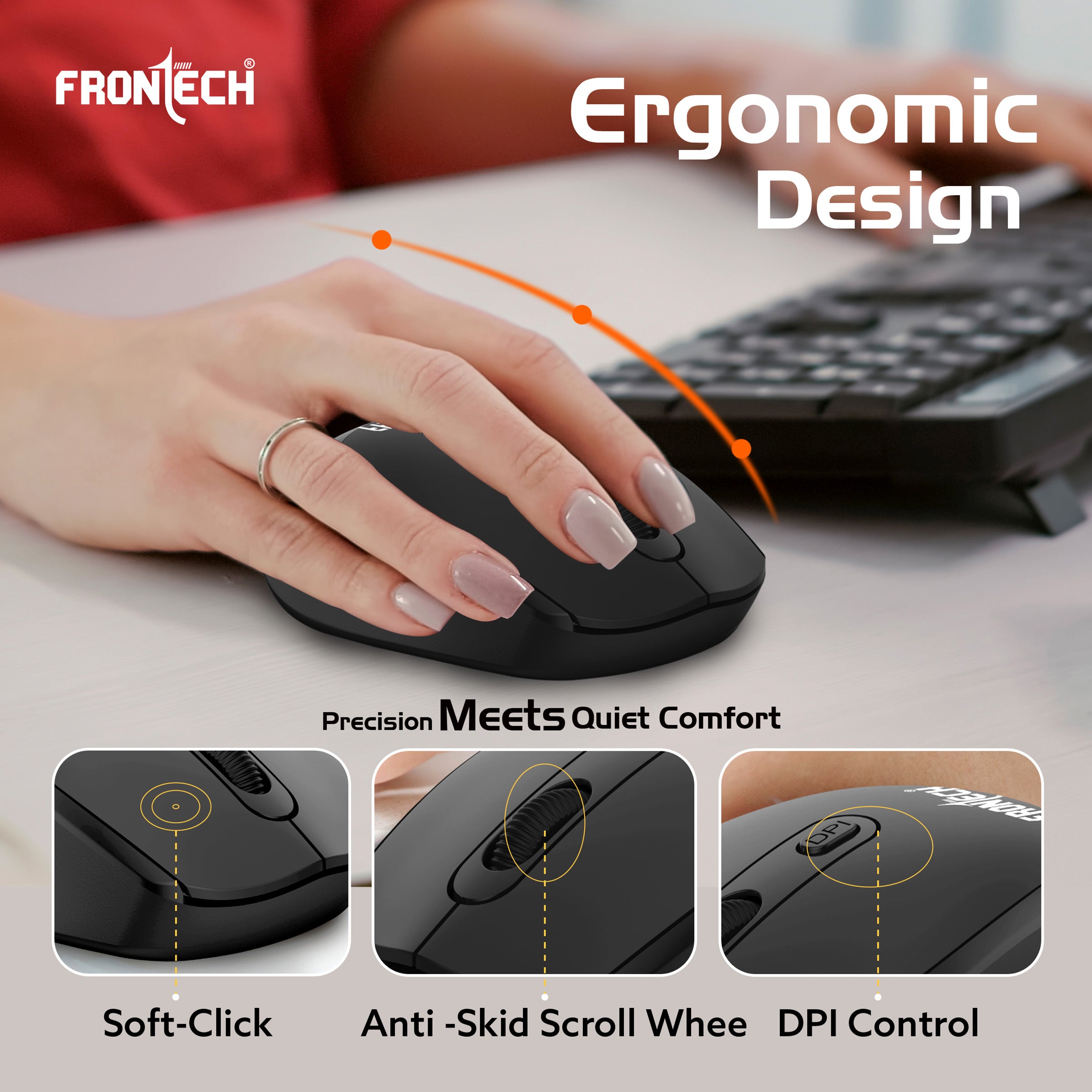 FRONTECH KB-0028P Wireless Keyboard and Mouse Combo | 2.4GHz Connectivity | 104 Keys | 1600 DPI Mouse | Ergonomic Design | USB Nano Receiver | Compatible with Laptop & PC | Black