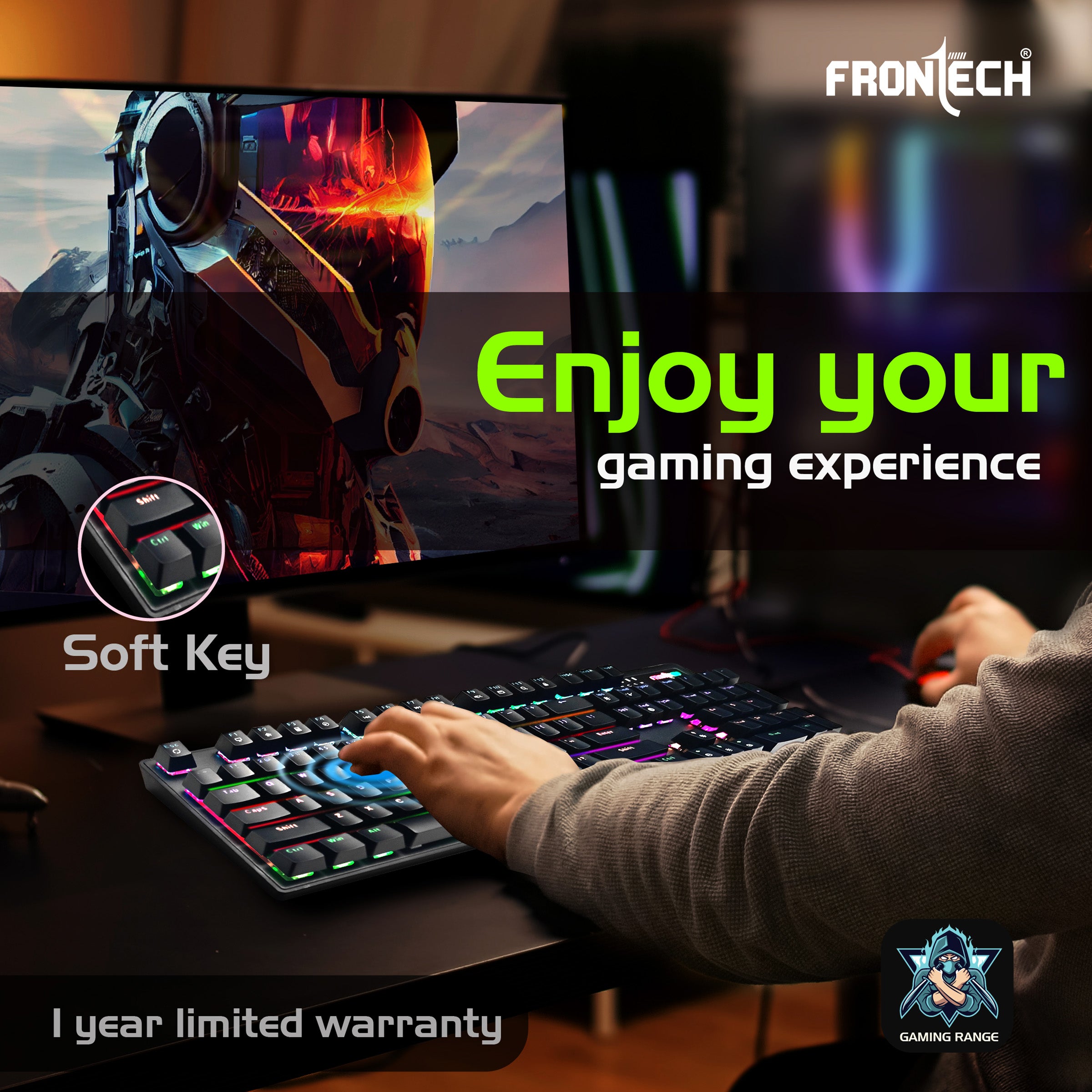 Frontech Wired Mechanical Gaming Keyboard | 104 Keys | Rainbow Backlit | Anti-Ghosting | Ergonomic Design | 12 Multimedia Hotkeys | Height Adjustable | 1-Year Warranty (KB-0014P)