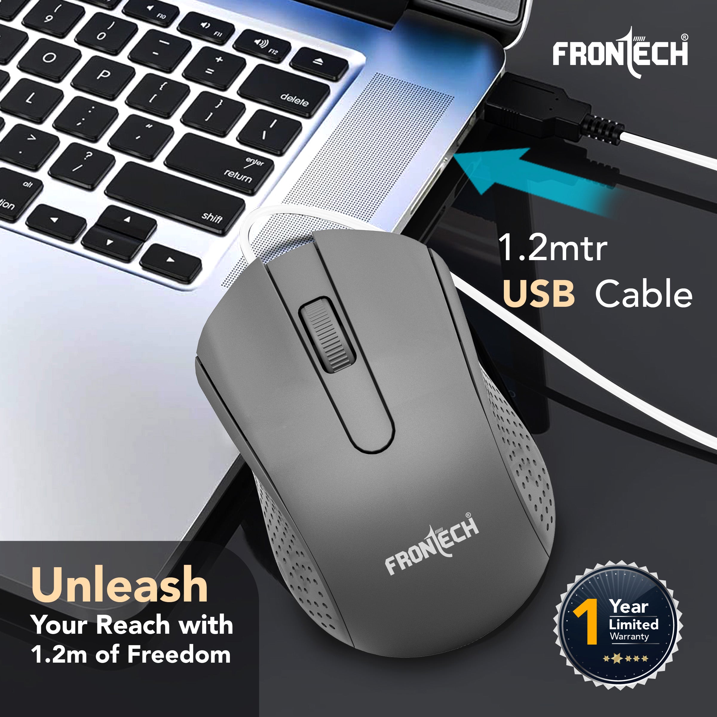 Frontech Wired USB Mouse | 3 Handy Buttons | Scroll Wheel 1200 DPI | MS-0103 Wired Optical Mouse (USB 2.0, Grey)