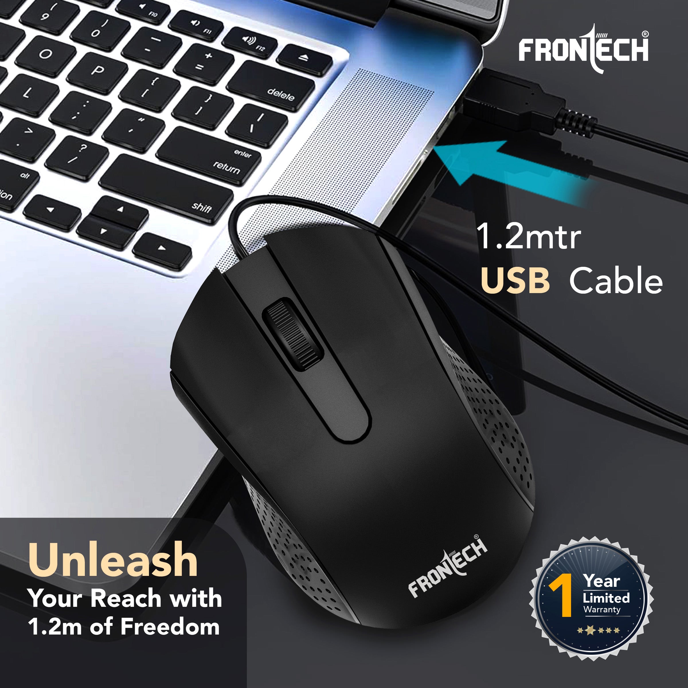 Frontech Wired USB Mouse | 3 Handy Buttons | Scroll Wheel 1200 DPI | MS-0102 Wired Optical Mouse (USB 2.0, Black)