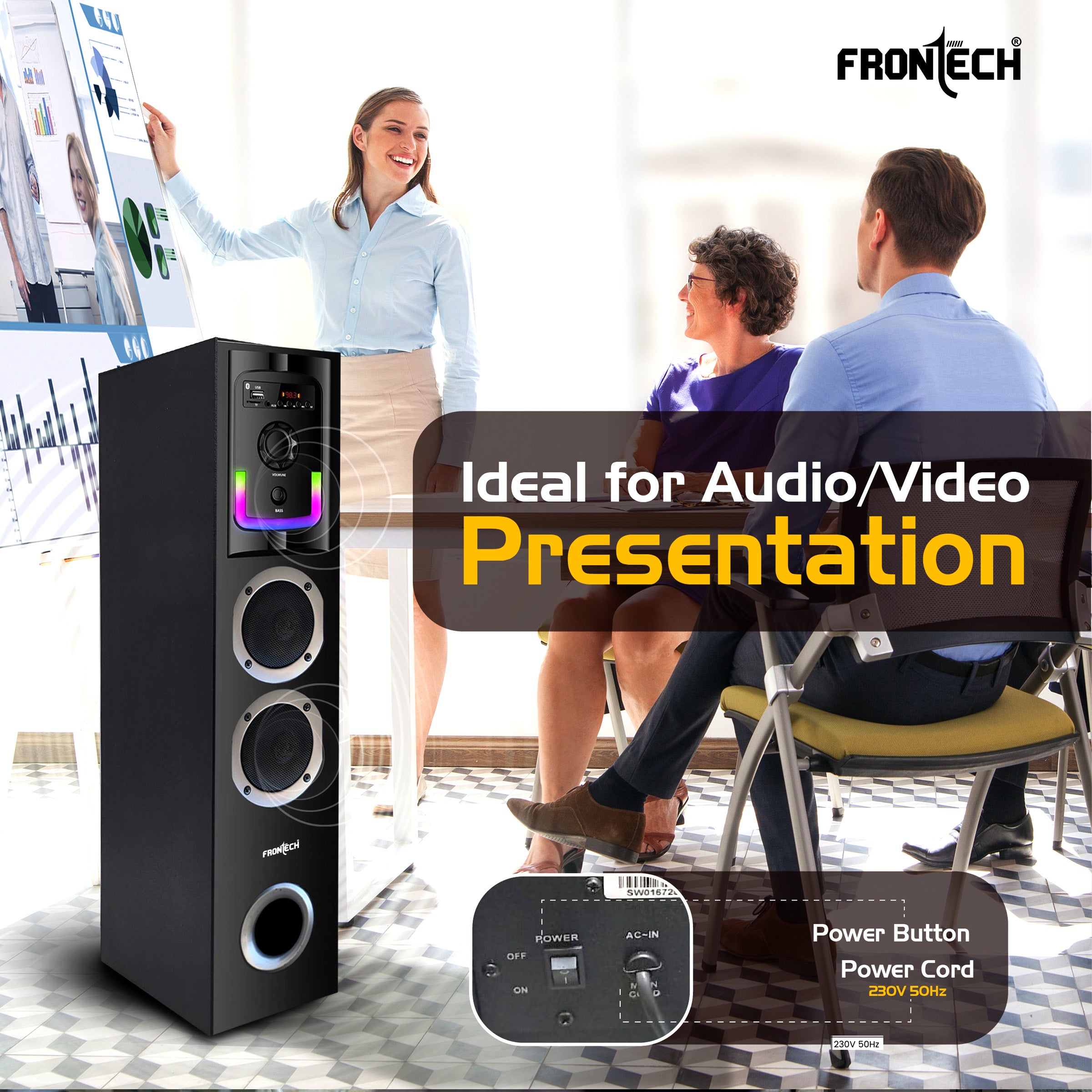 Frontech CRUX-167 60W Bluetooth Tower Speaker|1.0 Tower design | Wired Mic | RGB Lighting | Remote Control | Built-in FM Radio| BT Connectivity | USB | Karaoke, TV, PC & Smartphone Compatible (SW-0167)