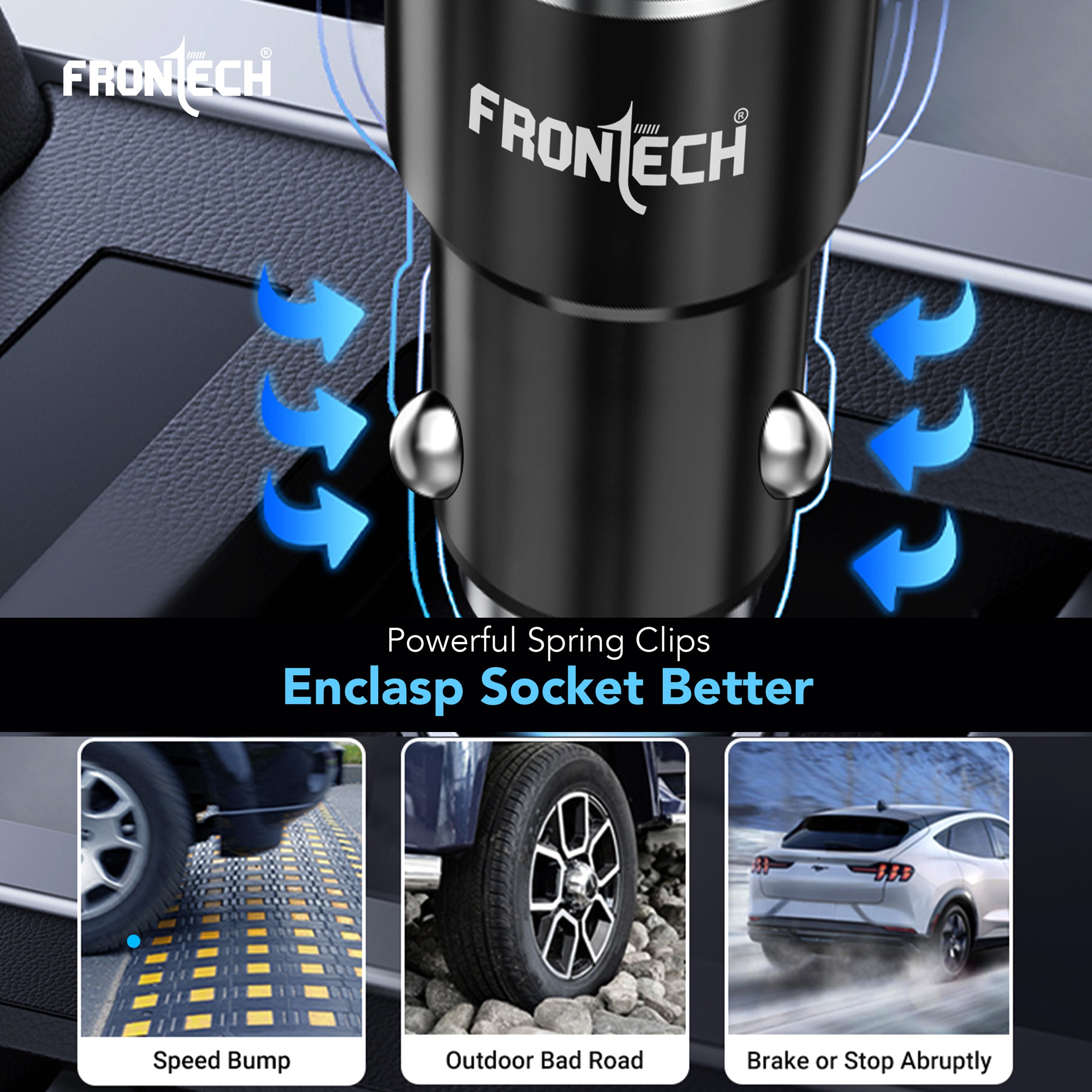 FRONTECH Super-Fast Car Charger | 145W Dual Port | Type-C PD 45W + USB QC 100W | Anti-Vibration | Compact Design | 1M Type-C Cable | Secure Fit (CCH-0005)