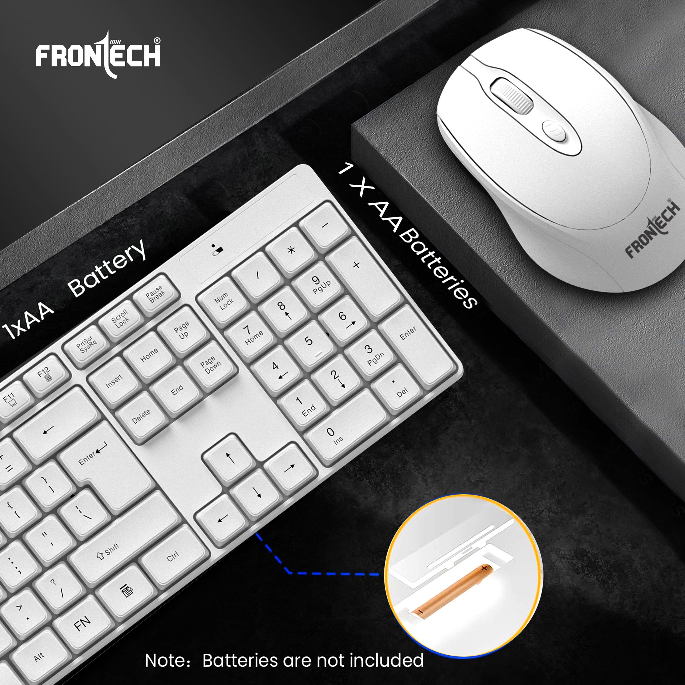 Frontech 2.4Ghz Wireless Keyboard and Mouse|104 Keys|1600 DPI|KB-0031| Combo Set (White)