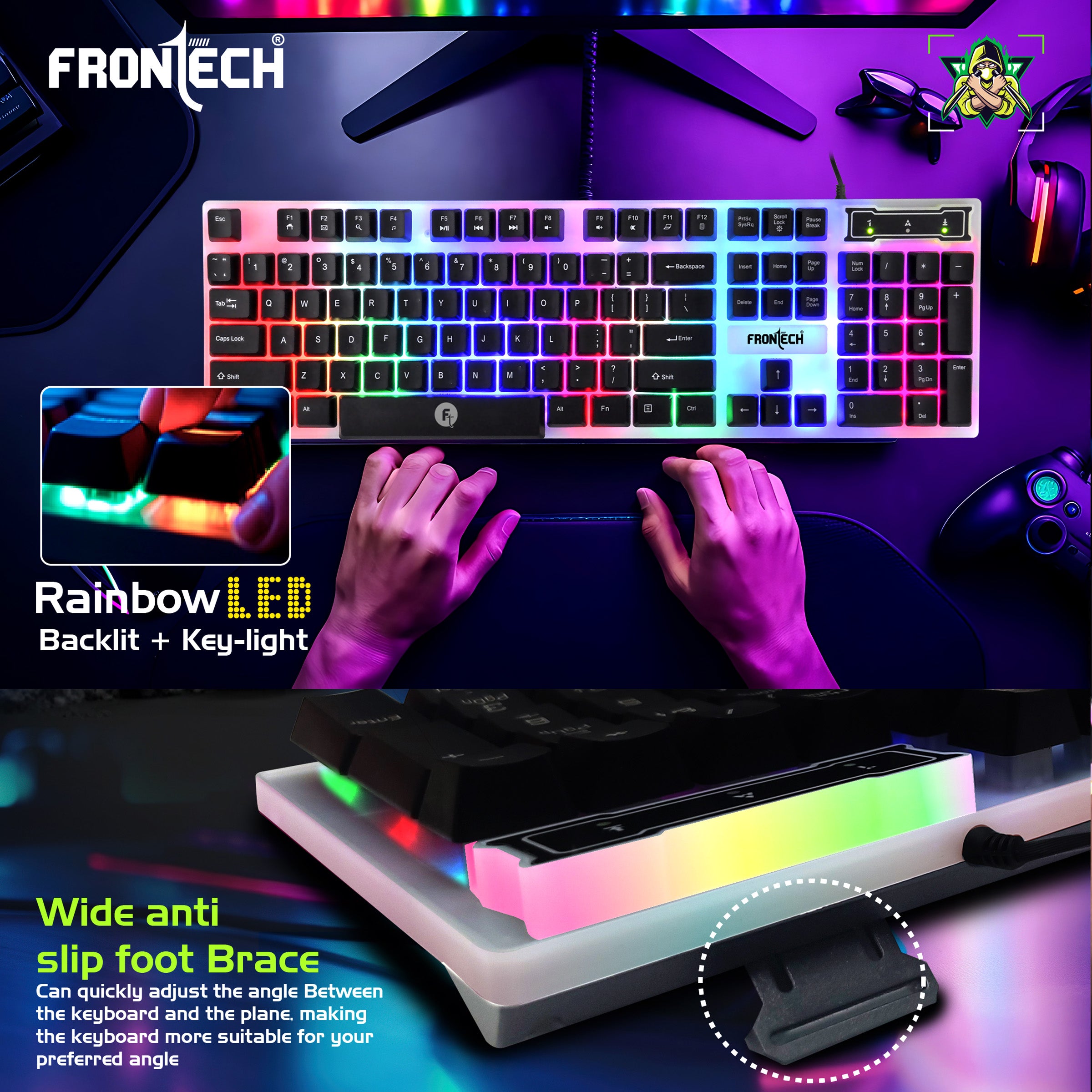 Frontech KB-0040P Wired Gaming Keyboard and Optical Mouse | RGB Backlight | 105 Keys Combo Set (White & Black)