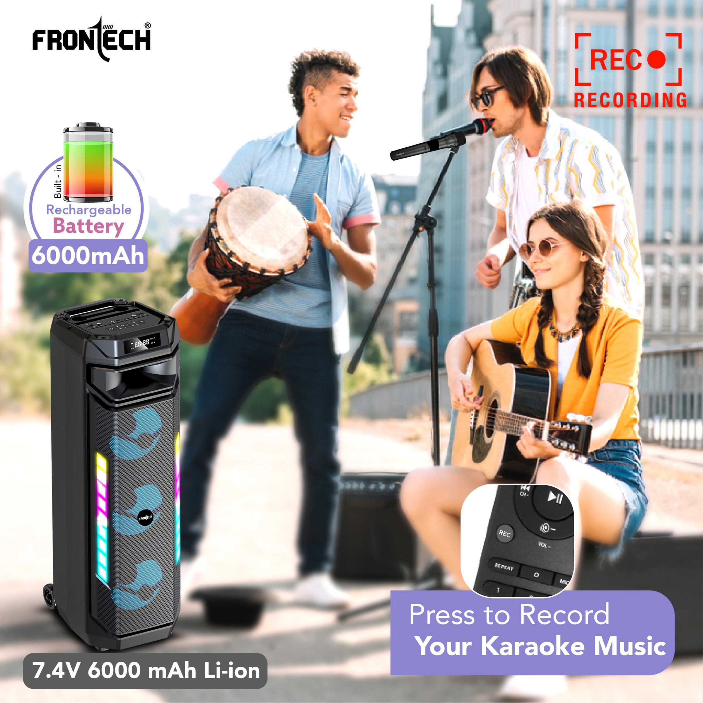 Frontech Smash PRO-20P 90W Trolley Speaker | Karaoke with Wireless Mic | TWS | RGB Lights | BT 5.0 | USB/TF/AUX/FM | 6000mAh Battery | Dual Mic Ports | Recording (SW-0020P).