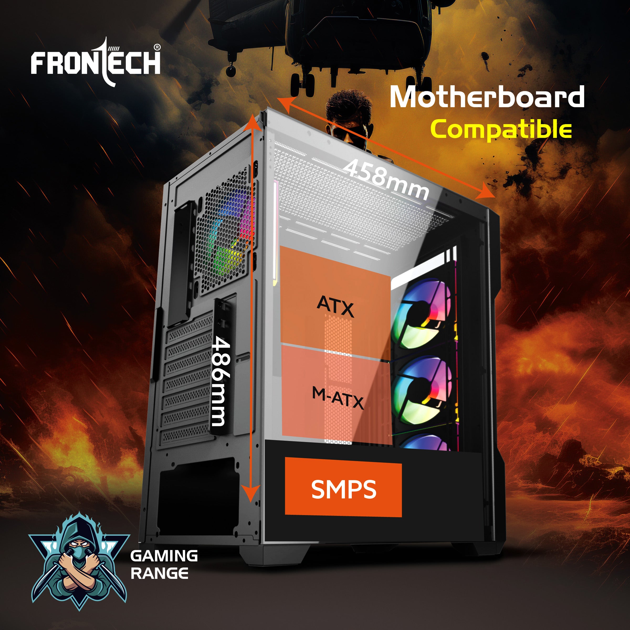 FRONTECH QUADRA Gaming Computer Cabinet | Mid-Tower PC Cabinet | 4 Pre-Installed 120mm ARGB Fans | Washable Dust Filter | Tempered Glass Side Panel | USB 3.0, USB 1.0, Type-C, HD Audio/Mic | ATX/MATX Motherboard Support (FT-4385)